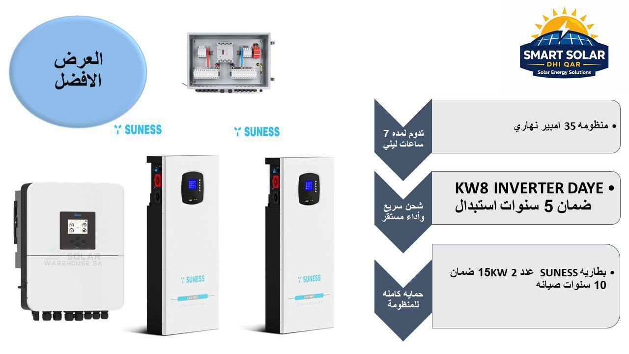 ⚡️ الطـاقـة الشمسيـة الذكيـة فـي ذي قـار  
Smart Solar DH ☀️

🔹 منظومات طاقة شمسية متكاملة  
🔹 تشغيل سبالت + أجهزة منزلية  
🔹 تجهيز ونصب مع الكفالة  
🔹 يتوفر التقسيط عن طريق مصرف الرافدين  
🔹 مدة التسديد تصل إلى 10 أشهر  

━━━━━━━━━━━━━━━━━━  
⚙️ الانفيرترات المتوفرة:  
Solis • Growatt • DEYE • Sunny Grow • Crown  

🔋 البطاريات المتوفرة:  
S-Volt • Sunnys • TOKI • C-Sun • EVE  

☀️ الألواح الشمسية:  
LONGi Hi-MO X10 • Trina Solar • LU Solar • Jinko  
━━━━━━━━━━━━━━━━━━  

🔥 أسعار تنافسية وضمان جودة  
📍 زوروا مكتبنا الكائن في الناصرية  
مجاور  جامعة ذي قار – مقابل شارع المهندس  

📞 للاستفسار والحجز:  
***********
***********@إشارةSalam Alrashidد. علي جويدSolar_Net IQمحمد الحسيناويAli Jamalاي ستورعبد الحسین العراقيAhmed SadiqSalam Alrashid
