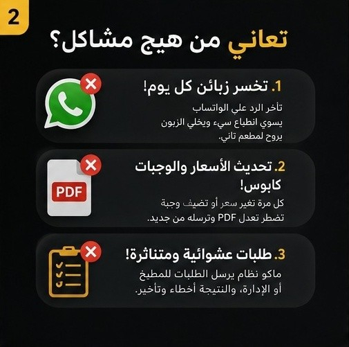 مطعمك يستاهل نظام يريّحك ويريّح زبونك! 🍔✨

كافي ضياع وقت وتأخير بالطلبات.. 
صار الوكت اللي تطور بيه شغلك 
وتنتقل للمنيو الإلكتروني التفاعلي.

​وي ميزتنا، راح تكدر:
✅ تستلم طلبات مباشرة وبدون تأخير.
✅ تحدّث الأسعار والوجبات بلحظات.
✅ تنظم مطبخك وإدارتك بتقارير يومية.

​حوّل مطعمك لـ "سمارت" وزيد مبيعاتك من اليوم! 🚀

​للتواصل والاستفسار، راسلنا وتساب أو دايركت 📥
واتساب/ ***********
تلغرام /ttr0v
