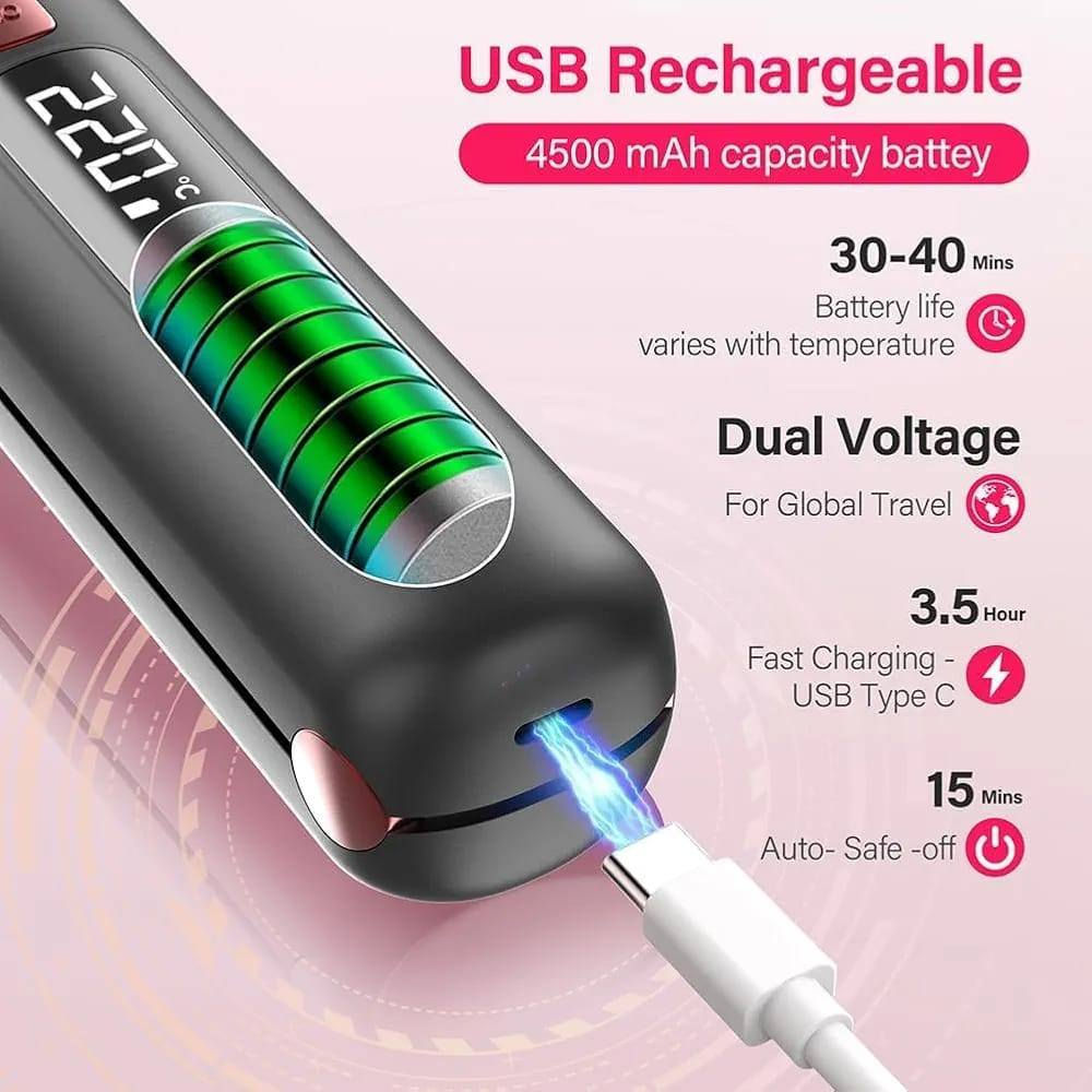 • كاوية شعر شحن تسريح وتمويج
• الطاقة: لاسلكية، تعمل ببطارية قابلة لإعادة الشحن بمنفذ USB.
• سعة البطارية: 4500 مللي أمبير.
• التسخين: ألواح سيراميك تسخن بسرعة (حوالي 10-30 ثانية).
• درجة الحرارة: تصل إلى 220 درجة مئوية 
• التصميم: مدمج وخفيف الوزن، يناسب حقيبة اليد.


**إذا كنت صاحب هذا الإعلان وتريد حذفه لأي سبب، رجاءا أرسل رسالة إلى الدعم الفني**