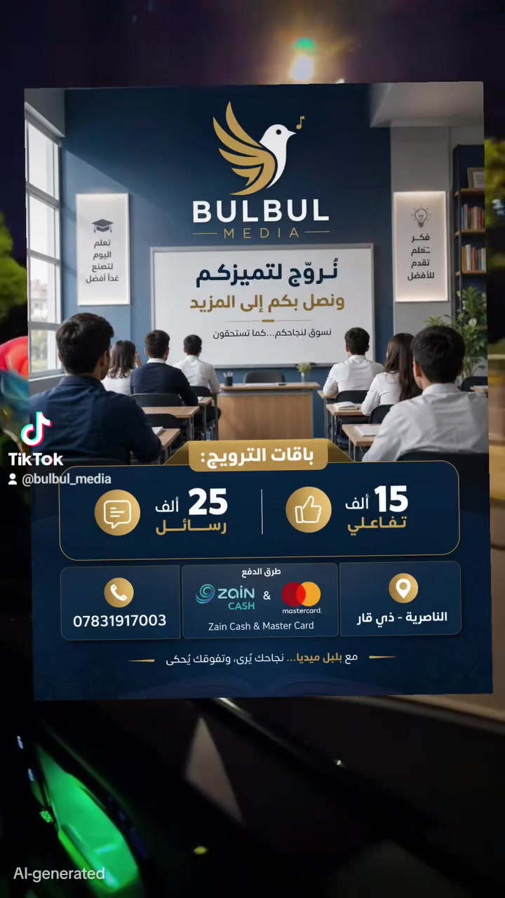 منشور المعاهد والمدرسين
**الهوك:** "طلابك بانتظارك.. خلهم يوصلون لك! 📚"
**المحتوى:** للأساتذة والمعاهد في الناصرية، الترويج الصحيح هو سر النجاح. نضمن وصول إعلانات دوراتكم للطلاب وأولياء الأمور بدقة عالية. باقات ترويج تفاعلي ورسائل تملي قاعاتكم.
**الهاشتاغات:** #معاهد_الناصرية #تدريس #دورات_تقوية #بلبل_ميديا #ميرزا_ملاك
**التعليق:** "سجل طلابك الجدد بترويج احترافي، للاستفسار: ***********"
