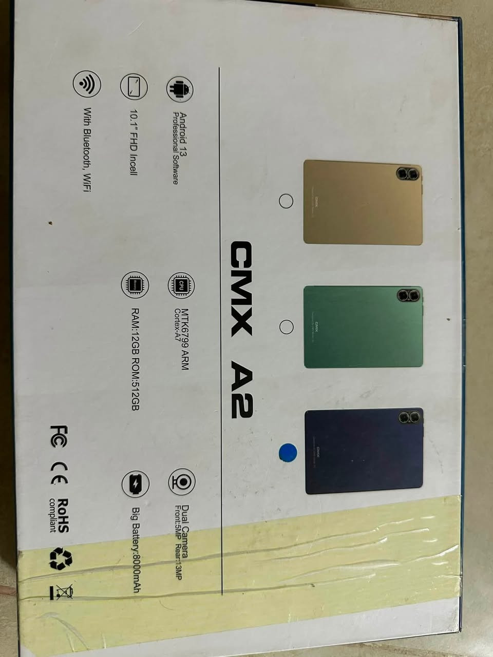 CMX A2 مع ملحقات أساسية تتضمن لوحة مفاتيح (كيبورد)، فأر (ماوس)، وقلم لمس.يشير الصندوق إلى سعة تخزين عشوائية (RAM) مدمجة مع ذاكرة التخزين الإضافية لتصل إلى 512GB + 12GB.يدعم الاتصال اللاسلكي السريع وشبكات الجيل الخامس 5G، ويعمل بنظام أندرويد. 
*********** 
السعر /225
