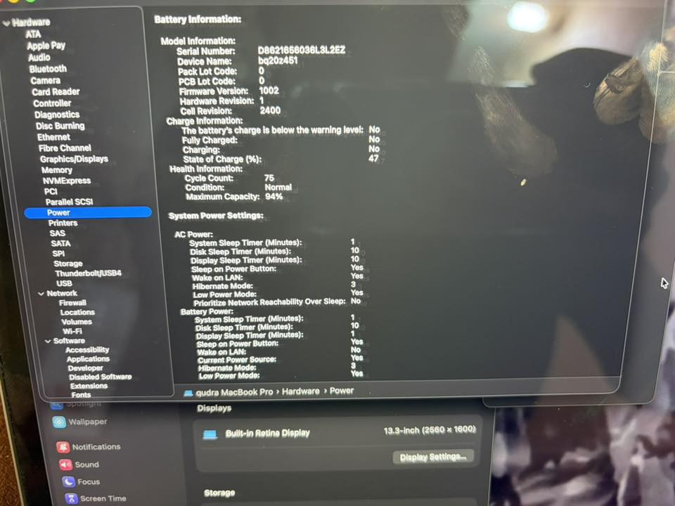 MacBook Pro m2
13.3 ing
2022
Ram: 8
SSD: 256
Battery :95 
Cycle: 75 
Price : 900.000 🔒 
*********** WhatsApp
