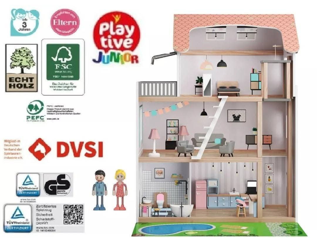 بيت الدمى الخشبي المرح مع الكثير من الملحقات
 متعة على ثلاثة طوابق (بلي تيفي / ألمانيا) 
ابعاد المنتج : حوالي 64 × 80 × 31 سم

 تعزز بشكل مرح الخيال والإبداع ومهارات لعب الأدوار
 هيكل خشبي ثابت مع فتحات واسعة للعب
 مع دميتين منحنيتين و31 قطعة أثاث لغرفة النوم وغرفة المعيشة والمطبخ والحمام 
 بما في ذلك 2 مصباح قائم، وباب أمامي مع جرس باب واحد ولوحة اسم يمكنك كتابتها بنفسك (يحتوي على إنارة وصوت جرس). 
 مصعد، سلالم متغيرة، شرفة مع مظلة وحديقة أمامية
 39 قطعة


**إذا كنت صاحب هذا الإعلان وتريد حذفه لأي سبب، رجاءا أرسل رسالة إلى الدعم الفني**