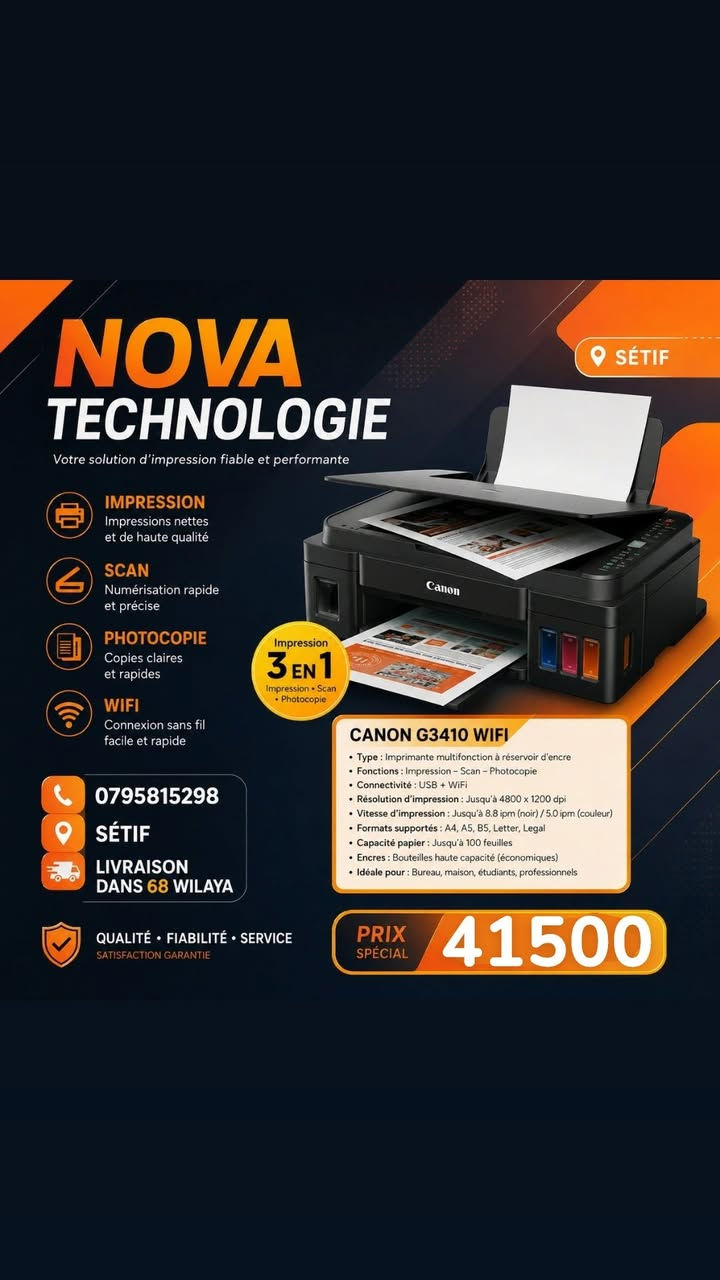 🖨️ متوفر طابعات Laser و Jet d’encre بأحسن الأسعار

تحوس طابعة بلا مشاكل حل عند✨ nova technologie✨ 
🎯 عندنا الحل لكل استعمال، سواء للمكتب أو المنزل!
✔️ طابعات Laser سريعة واقتصادية للطباعة الكثيفة
✔️ طابعات Jet d’encre بجودة عالية للألوان والصور
✔️ تشكيلة من أفضل الماركات: Canon | HP | Kyocera
✔️ نعاونك تختار الطابعة المناسبة حسب احتياجك
🎯 مناسبة لـ:
📚 الطلبة والدراسة
🏢 المكاتب والشركات
🧾 الفواتير والتجارة

📦 متوفر بالجملة و بالتجزئة
🚚 توصيل متوفر لجميع ولايات الوطن

📞 للطلب أو الاستفسار:
0795815298

📍 ولاية سطيف بلدية سطيف


**إذا كنت صاحب هذا الإعلان وتريد حذفه لأي سبب، رجاءا أرسل رسالة إلى الدعم الفني**