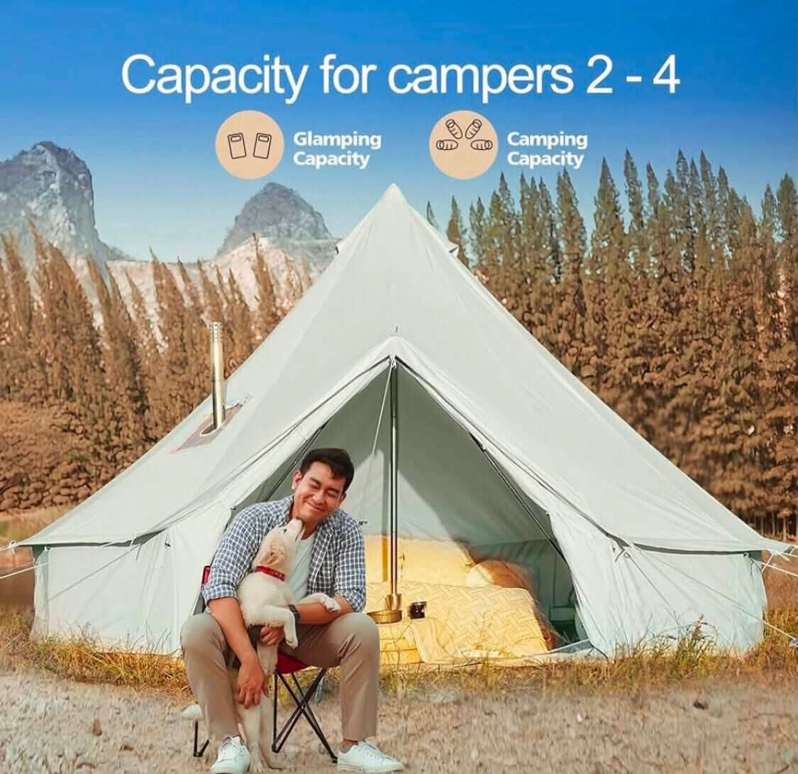 السلام عليكم للبيع خيمة جرس هرمية  (Bell Tent) من ماركة جلامكامب اللون اخضر فاتح 
تتميز بقماش قطني مقاوم للماء ومساحة تتسع لعدة أشخاص 
الميزات :فتحة مخصصة لمدخنة الموقد، ونوافذ شبكية للتهوية. 
القياس : قطر الخيمة  3 متر الارتفاع العلوي 200 سم، ارتفاع الجدار الجانبي 60 سم، ارتفاع الباب 150 سم. 
الوزن : 18 كيلو ونص 
المواد: خيمة الجرس هذه مصنوعة من قماش قطني مع طلاء بولي يوريثان بمعمل مقاوم للماء 3000 ملم  
صنعت الارضية من بلاستيك PVC يمكن تنظيفه بسهولة ومصممة لعزل الرطوبة بصورة ممتازة وتكون قابلة للفك بسحاب لتوفير التهوية وحسب الرغبة 
العمود المركزي مصنوع من أنابيب فولاذية 
خيمة لأربعة مواسم: خيمة جرس تدعم الموقد في الشتاء
فتحة موقد موضوعة على الجدار الجانبي تمنع تسرب المياه في الأيام الممطرة.
تواصل خاص او ***********
