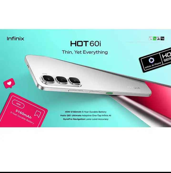 هذا الهاتف هو Infinix HOT 60i، ويتميز بالمواصفات التالية: 
شاشة بحجم 6.7 بوصة ومعدل تحديث 120 هرتز.
بطارية ضخمة بسعة 5160 مللي أمبير تدعم الشحن السريع بقوة 45 واط.
كاميرا خلفية بدقة 50 ميجابكسل تدعم الذكاء الاصطناعي.
سعة تخزين 256 جيجابايت مع ذاكرة وصول عشوائي (RAM) تصل إلى 16 جيجابايت.
يحتوي على تقنية NFC ومعالج Helio G81. ناصرية, ذي قار


**إذا كنت صاحب هذا الإعلان وتريد حذفه لأي سبب، رجاءا أرسل رسالة إلى الدعم الفني**