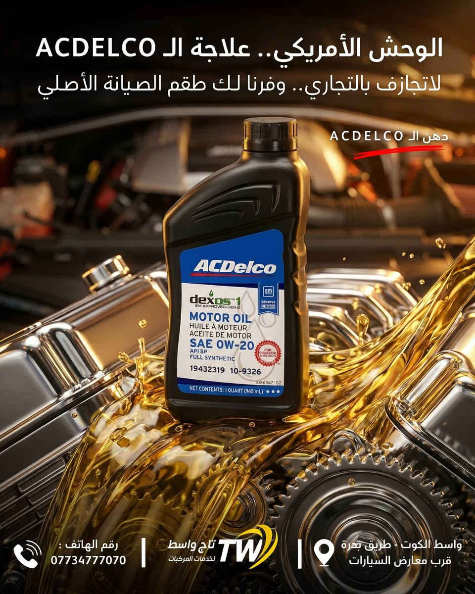 الأمريكي.. ما يقبل "غلط"!
​محركات الشفروليه (التاهو، السلفرادو، والأوبي) معروفة بالقوة والعزم، لكن نقطة ضعفها الوحيدة هي "القطع التجارية".

تريد تحافظ على ضغط الدهن؟ وعزم المحرك؟ وحرارة مستقرة؟ الحل هو ACDelco وبس!

​وفرنا لكم طقم الصيانة الأمريكي "شد بلاد":
🔹 زيوت ACDelco المعتمدة من جنرال موتورز.
🔹 فلاتر دهن وهواء أصلية.
🔹 قطع غيار تضمن لك ديمومة المحرك.

​الوحش يرادله "أصلي".. لا تبخل عليه.
​📞 للحجز والاستفسار: ***********
📍 الكوت - طريق بدرة - قرب معارض السيارات.
