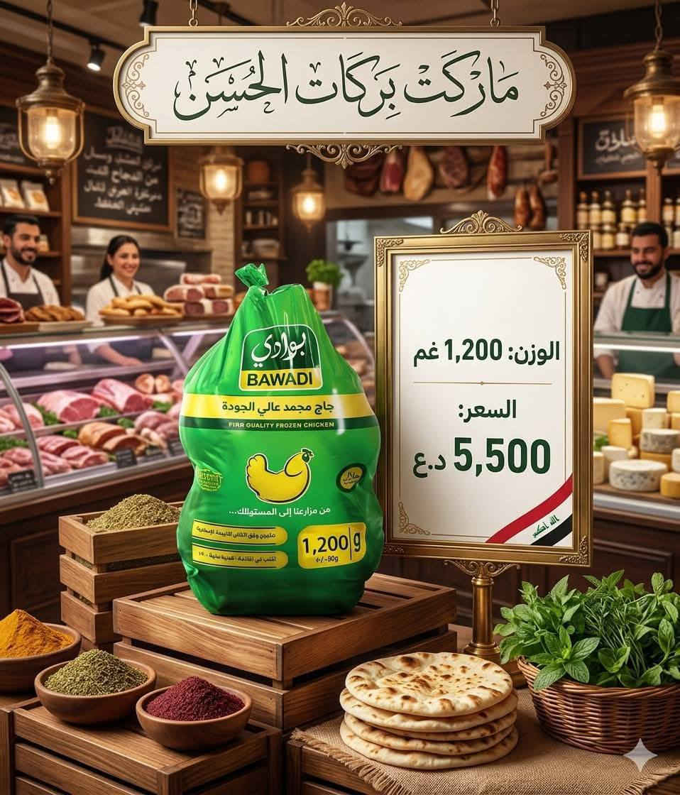 ماركت بركات الحسن
توفر 
دجاج ذبح 🔪🐔 عراقي فرش 🤩😋 
دجاج بوادي 
صدر دجاج  
أفخاذ دجاج 🍗
عصا الطبل 
ورك دجاج 
همبركر 🍔 
كباب دجاج 
كباب لحم 
كبه كلي 
مقرمشات🙏 
العنوان مجمع الدوح الشارع العام الحولي نزلة ابن يقطين 
التوصيل مجاني داخل المجمع 🚕🛵
للاستفسار الاتصال او المراسلة 
***********
***********
