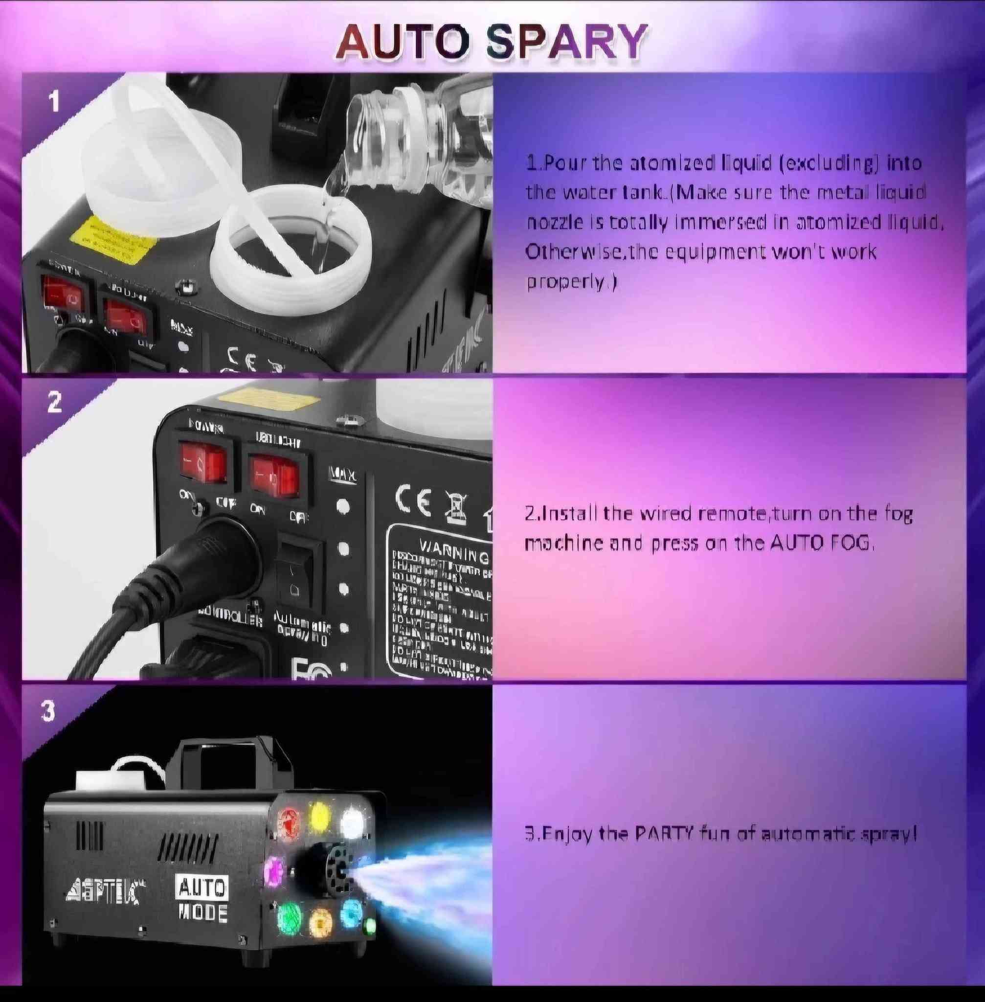 • EASY TO USE: The wattage of the machine with liaht is 500W., together with a wireless remote control. Therefore, you can directly control the fog machine with this wireless remote control in an easy way, which is definitely turned out to be way convenient and practical.
• EFFECTIVE FOG SPRAY: The output power is about 2000 CFM ( cubic feet/min) and the distance is 2-3m. [ Note: You need to keep pressing the button on the remote control to continue to create smoke. It will spray for about 20 seconds, then stop spraving and warm up again. Each warm-up time takes 3-5 minutes.)
• H-Q MATERIAL: This fog machine is made of hiah quality metal materials not easy to corroded, liaht enough to be carried around and durable in use.
• ACTIVATED LED LIGHT DESIGN: This fog machine with remote comes with an activated colorful light effect and only in this way, it can enhance the festival atmosphere and also make people feel romantic especially in wedding ceremony. Please note that the LED liaht will be lit up while the foa machine is working.
• PACKAGE INCLUDES: The package contains 1 * Fog Machine; 1 * Wireless Remote Control; 1 * Power Supply Cord: 1 * Handle; 2 * Screws; 1 *User Manual. Besides it also comes with one year warranty guarantee and friendly customer service. أربيل, العراق


**إذا كنت صاحب هذا الإعلان وتريد حذفه لأي سبب، رجاءا أرسل رسالة إلى الدعم الفني**