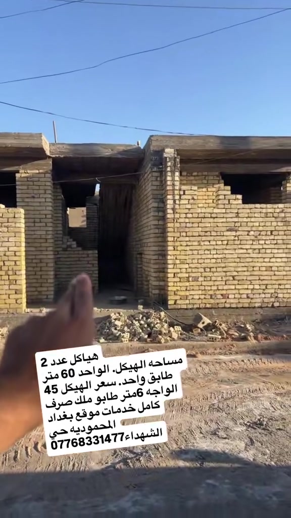 هياكل عدد 2 طابو ملك صرف كامل خدمات

مساحه الهيكل 60 متر 

السعر 45 مليون

موقعهن بغداد المحموديه حي الشهداء 

***********
