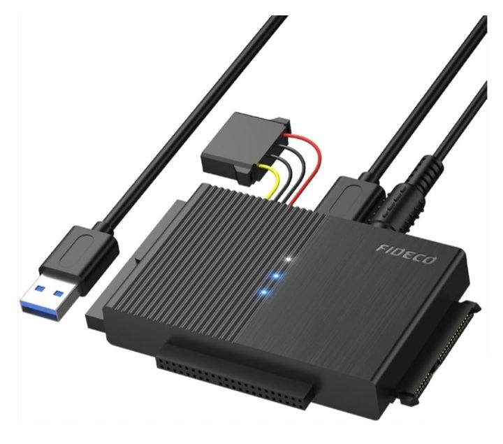 محول (Adapter) من شركة FIDECO، ويُستخدم لتوصيل الأقراص الصلبة (Hard Drives) القديمة والحديثة بجهاز الكمبيوتر عبر منفذ USB 3.0. 
يوجد توصيل لجميع المحافضات 🛵 
***********
