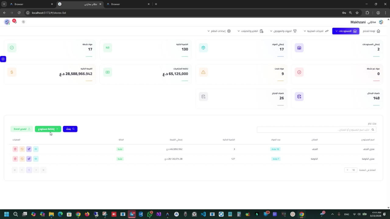 🚀 إطلاق نظام "مخازني" لإدارة المستودعات والعهدة
الحل الذكي لإدارة المخزون بكل احترافية وسهولة!

هل تواجه صعوبة في متابعة مخزونك؟ هل الجرد اليدوي يستهلك وقتك ويعرّضك للأخطاء؟ 🤔
مع "مخازني"، كل شيء أصبح أسهل، أدق، وأسرع!

💎 أهم المميزات التي يقدمها نظام "مخازني":

🔹 إدارة متكاملة للمخازن
تحكم كامل بجميع مستودعاتك، مع تتبع دقيق لحركة الأصناف (إدخال / إخراج) لحظة بلحظة.

🔹 نظام مناقلات ذكي
نقل المواد بين المستودعات أو العهد بسهولة تامة، مع تسجيل تلقائي وتقارير فورية.

🔹 إدارة احترافية للعهدة
تتبع دقيق لكل مادة لدى الموظفين أو الجهات، مع تسجيل التلفيات والمرتجعات بشكل مباشر.

🔹 قاعدة بيانات الموردين والجهات
تنظيم شامل لكل الموردين والعملاء، مع سهولة الوصول للمعلومات في أي وقت.

🔹 تقارير وإحصائيات فورية (Dashboard)
لوحة تحكم تفاعلية تعرض لك:

إجمالي الأصناف
الكميات المتوفرة
القيمة السوقية للمخزون
تنبيهات النقص

🔹 واجهة استخدام عصرية (Premium UI)
تصميم حديث وسلس يدعم:

الوضع الليلي 🌙
الوضع النهاري ☀️
دعم كامل للعربية (RTL) والإنجليزية (LTR)
تخصيص الألوان حسب رغبتك

🔹 طباعة وتصدير احترافي
إصدار السندات والتقارير بسهولة مع دعم:

الطباعة الحرارية
التصدير إلى Excel

🔹 أمان عالي وصلاحيات متقدمة
نظام صلاحيات مرن يضمن وصول كل مستخدم لما يحتاجه فقط، مع حفظ إعداداته الخاصة.

📢 ارتقِ بإدارة أعمالك الآن!
ودّع الفوضى والعمليات اليدوية، وانتقل إلى نظام رقمي متكامل يوفر لك الوقت والدقة.

📞 للتواصل والاستفسار:
📱 الهاتف: ***********
💬 تيليكرام: @zaidalshammery

🏢 CodeWave Solutions - برمجيات وحلول تقنية
فيديو شرح البرنامج على اليوتيوب
[https://www.youtube.com/watch?v=CWyLrfOI7hU](https://www.youtube.com/watch?v=CWyLrfOI7hU)
