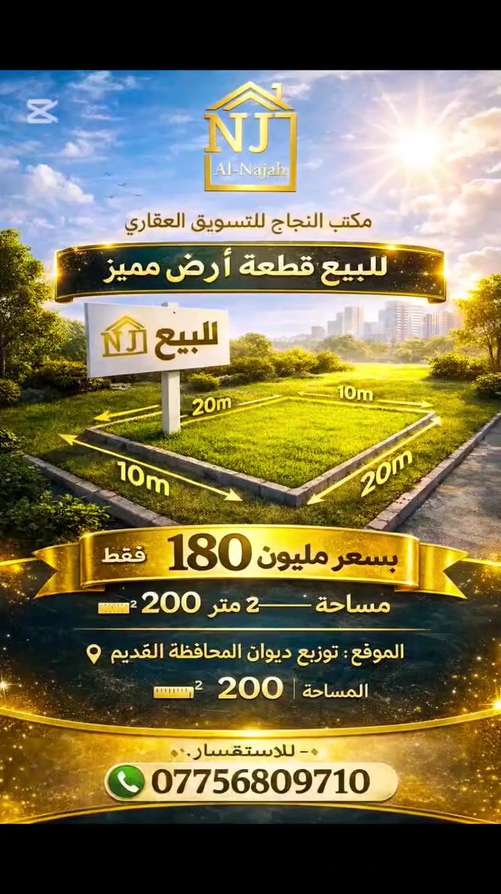 🏡 مكتب النجاح للتسويق العقاري
💰 بسعر 180 مليون فقط
📍 تتوفر قطعة أرض للبيع
📌 الموقع: توزيع ديوان المحافظة القديم
📐 المساحة: 200 م²
✨ موقع مناسب للسكن
🔥 فرصة جيدة لبناء منزل
📞 للاستفسار: ***********
