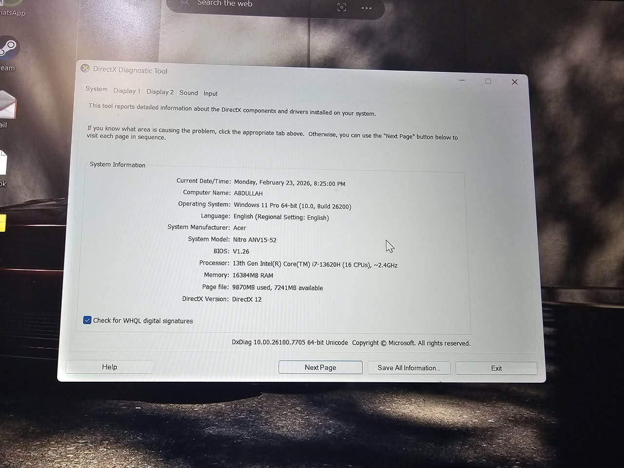السلام عليكم
تتوفر حاسبه للبيع مستعمله قليل
نوع acer netro v15
المواصفات:
معالج core i7 الجيل 13H
RTX 3050 6GB
SSD 512 M.2
RAM 16 DDR5
الشاشه LCD 165HZ
السعر: التواصل واتساب 
***********
