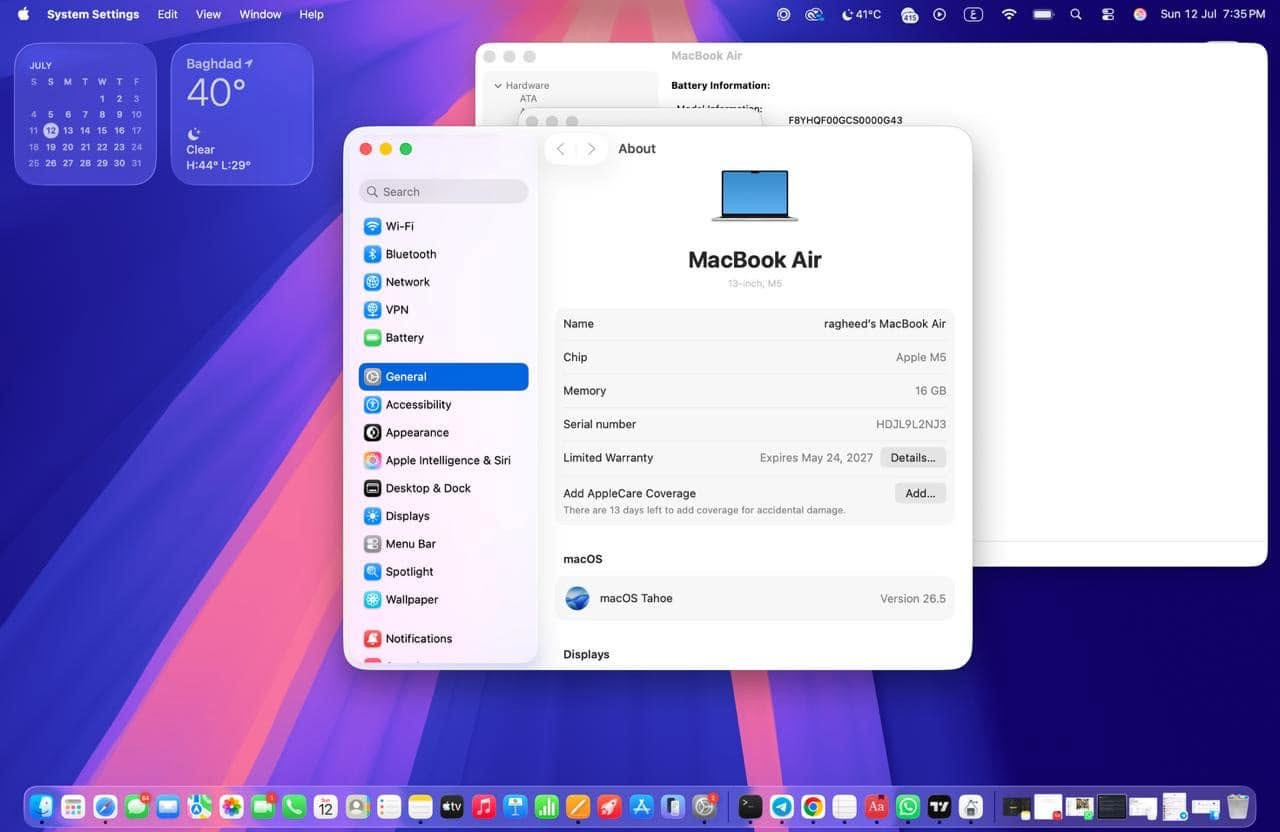 💻 للبيع: ماك بوك إير MacBook Air M5
الجهاز أخو الجديد واستخدامه جداً قليل، مواصفات عالية تفيد الشغل الثقيل والدراسة والتصفح.
⚙️ المواصفات:
• المعالج: M5 الحديث.
• الرام: 16 جيجا.
• الذاكرة: 512 جيجا SSD (سعة وسرعة عالية).
🔋 وضع الجهاز:
• شحن البطارية: مشحون 13 مرة فقط! يعني البطارية 100% والجهاز مستخدم قليل جداً .
• الضمان: الجهاز باقي بيه ضمان رسمي يعني تشتري وأنت مطمن.
• النظافة: زيرو، بدون أي شخوط أو عيوب وبحالة الوكالة.
التواصل على هذا الرقم وشكراً
***********
