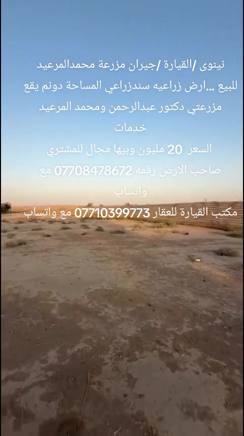 نينوى /القيارة /جيران مزرعة محمدالمرعيد
للبيع ...ارض زراعيه سندزراعي المساحة دونم يقع مزرعتي دكتور عبدالرحمن ومحمد المرعيد خدمات
 السعر  20 مليون وبيها مجال للمشتري
صاحب الارض رقمه *********** مع واتساب
مكتب القيارة للعقار *********** مع واتساب
