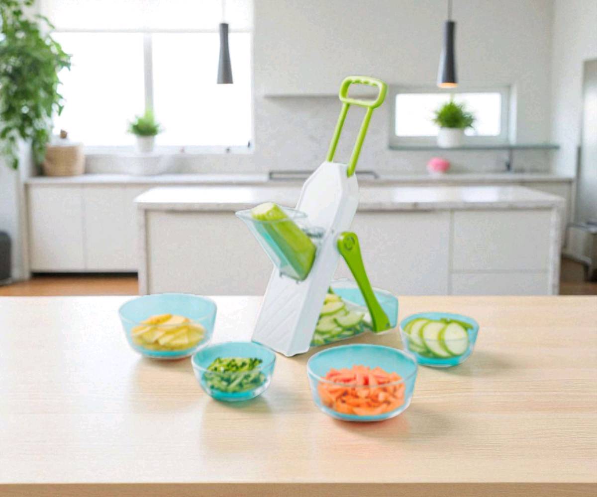 قطاعة خضروات عمودية 5 في 1 - الآمنة والعملية!

الاستخدامات:

تقطيع الخضروات والفواكه بسهولة وسرعة.

تقطيع شرائح رفيعة أو سميكة حسب الحاجة.

مثالية للاستخدام في المطابخ المنزلية أو أثناء تجهيز السلطات أو الطبخ اليومي.

تساعد على تحضير البطاطس، الجزر، الخيار، البصل، الكوسا وغيرها بسرعة وكفاءة.

المميزات:

تصميم آمن: القطاعة مزودة بمقبض رأسي لحماية اليد من الشفرات، وآلية تقطيع رأسية تمنع التلامس المباشر مع النصل.

قابلة للتعديل: مزودة بـ 3 شفرات قابلة للتبديل لتقطيع شرائح بمقاسات متعددة (رفيعة – متوسطة – عريضة).

جودة عالية: الشفرة مصنوعة من الستانلس ستيل 420 المقاوم للصدأ، حادة ومتينة.

قابلة للطي: تصميم قابل للطي مع مقبض قابل للسحب وقاعدة قابلة للتخزين، مما يوفر المساحة عند عدم الاستخدام.

سهولة التنظيف: جميع القطع قابلة للفك والغسل، مع حاوية لحفظ الشرائح دون تلويث سطح العمل.

هدية مثالية: خيار ممتاز كهدية للزواج أو تجهيز المطبخ الجديد.

محتويات الصندوق:

1 × جسم القطاعة العمودية

1 × وعاء شفاف لحفظ الشرائح

1 × صينية تغذية الخضروات

1 × حامل ضغط يدوي للأمان

3 × شفرات تقطيع قابلة للتبديل

ملاحظات:

يُرجى استخدام القطاعة على سطح مستوٍ وثابت لتجنب الانزلاق.

يُنصح بقراءة دليل الاستخدام المرفق بعناية قبل التشغيل.

لا تلمس الشفرات مباشرةً باليد حتى مع عدم الاستخدام لتفادي الجروح.

آمنة للاستخدام اليدوي فقط – لا تُستخدم في غسالة الصحون.