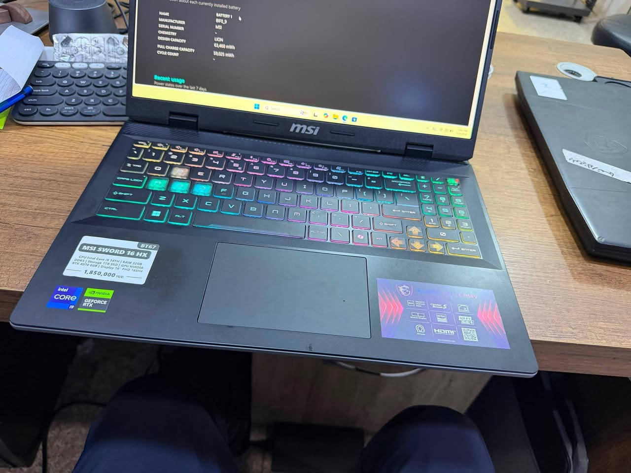 MSI SWORD 16 HX (USED)
CPU Intel Core i9 14TH
GPU NVIDIA RTX 4070 8GB
RAM 32GB DDR5
Display 16" FHD 165Hz
Storage 1TB SSD
مليون و 850 يتوفر توصيل لكل العراق 
للتواصل ***********
