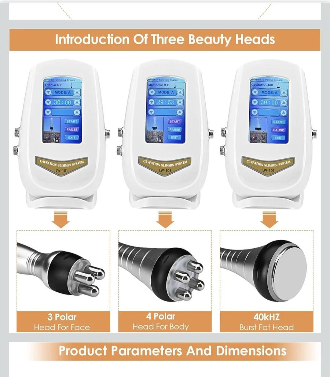 هذا جهاز تنحيف الجسم بالموجات فوق الصوتية 3 في 1 (40 كيلو هرتز).
وات ساب ***********
يستخدم تقنية الترددات الراديوية (RF) لشد البشرة وحرق الدهون. 

يأتي مع 3 رؤوس تشغيل قابلة للاستبدال: التجويف 40 كيلو هرتز، والتردد اللاسلكي ثلاثي الأقطاب، والتردد اللاسلكي متعدد الأقطاب. 

مناسب للاستخدام في المنزل أو الصالونات لعلاجات الوجه والجسم. 

يستهدف مناطق مختلفة مثل الذراعين والبطن والفخذين والظهر والخصر.

