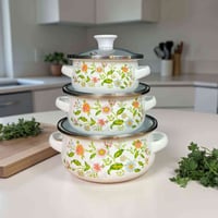 سيت قدور مينا • غطاء زجاج • نقش ورد