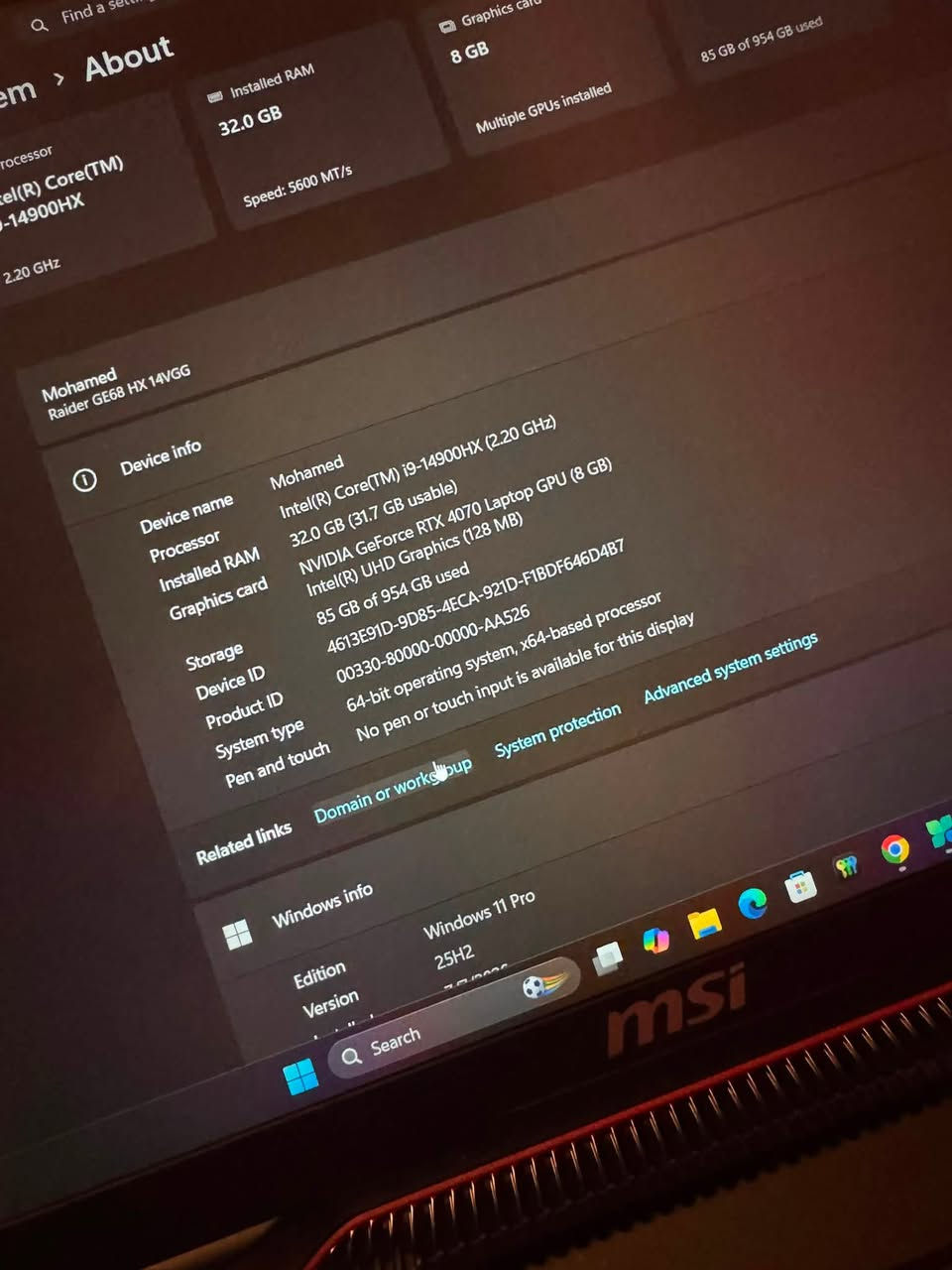 Msi
كارت شاشة ٤٠٧٠ 
رامات ٣٢
معالجI9 جيل 14 
نظافة ٩٨٪؜ 
مستخدمة استخدام بسيط 
للبيع او المراوس ب لابتوب من شركة ابل عارضها 1850000

***********
