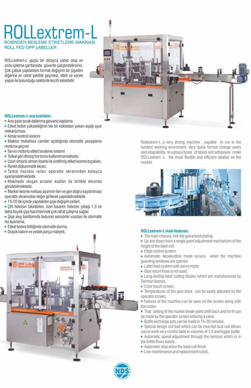 #للبيع مكينة #ليبل #opp زيرو جديد غير مستعمل  من شركة NDS Makina، #التركية  وهي مصممة لوضع ملصقات على الزجاجات بشكل خطي. 
نوع الملصقات: تستخدم ملصقات OPP الملتفة من البكرة (Roll-fed).
نوع الغراء: تعمل بنظام الغراء الساخن (Hot melt).
السعة الإنتاجية: تتراوح بين 6,000 إلى 18,000 زجاجة في الساعة.
الميزات: مزودة بشاشة تعمل باللمس ونظام تحكم PLC، وتتميز باستهلاك منخفض للغراء.
 للتواصل واتساب wa.me/9647501718195
***********
***********
