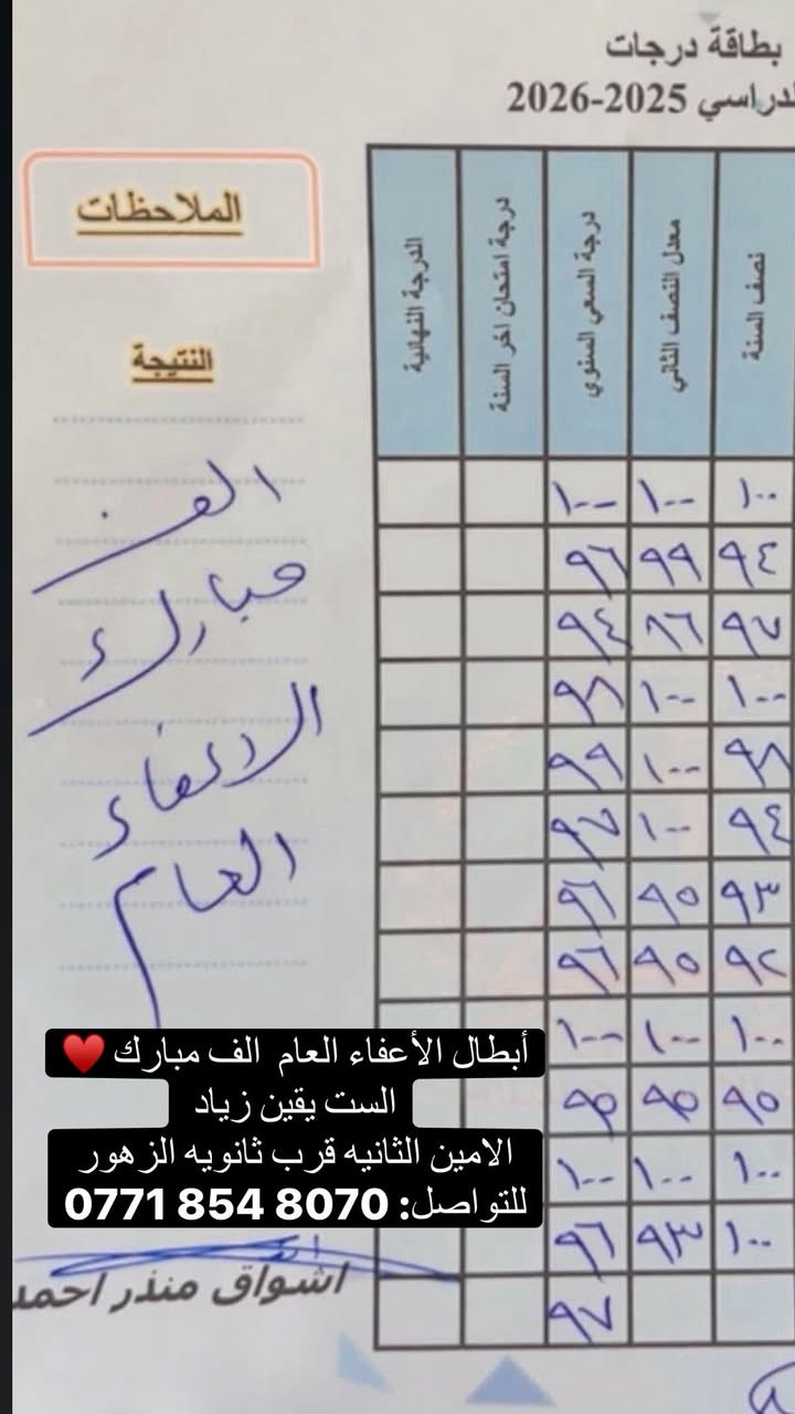 السلام عليكم طلاب
 بلش حجز وتسجيل الطلاب الوزاري وباقي المراحل الدراسيه لجميع المواد 
وأيضاً تسجيل الدور الثاني للمراحل المنتهية وغير المنتهية.
عدد الطلاب محدود، سارعوا بالتسجيل.
يوجد نظام حقيبة كاملة، ونظام الكتاب الواحد سنوياً وشهرياً.
يوجد تخفيض للأخوة والأيتام، وتخفيض لتسجيل أكثر من كتاب واحد.
العنوان: الامين الثانيه قرب ثانويه الزهور 
للتواصل: ‪0771 854 8070‬
