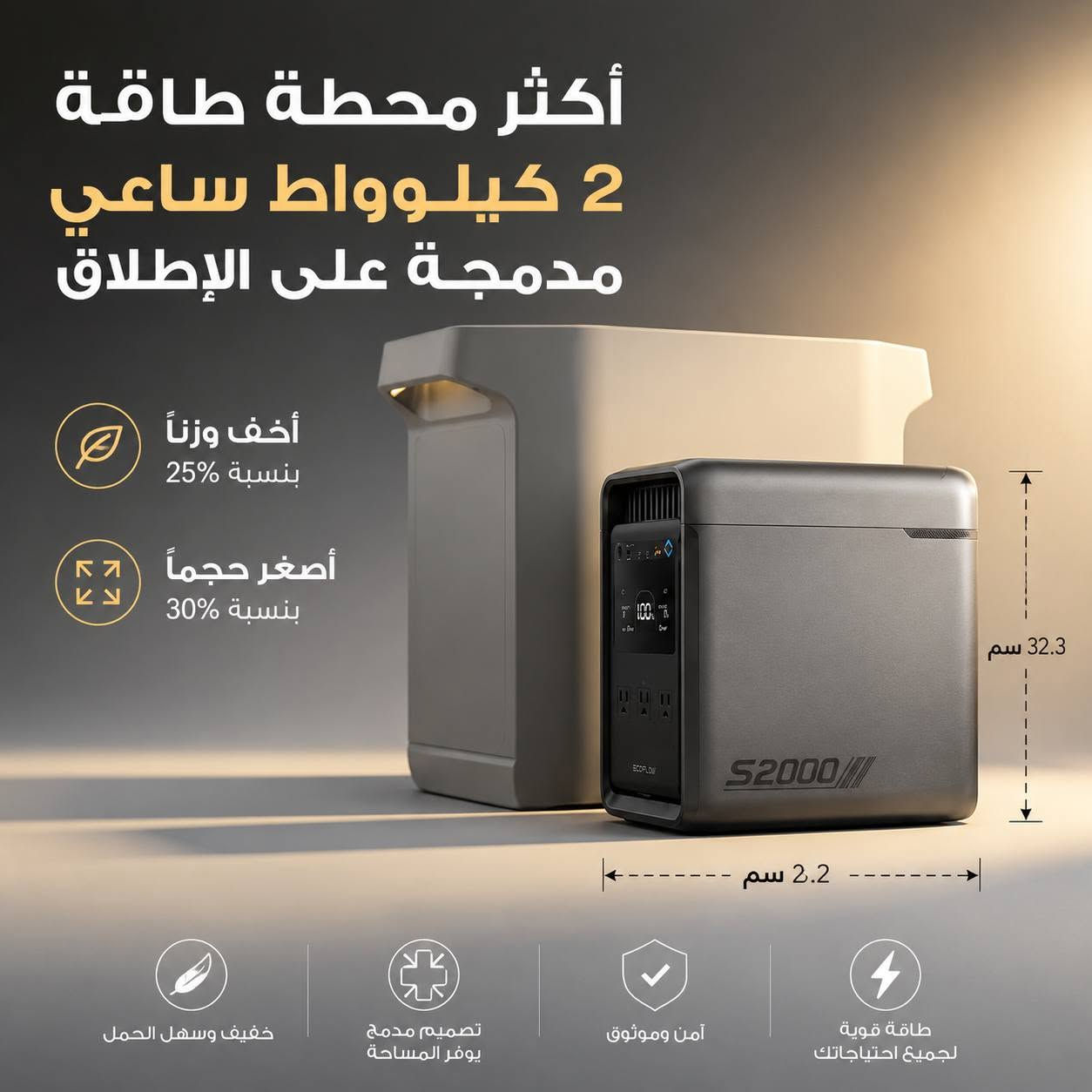 ⚡️ محطة الطاقة المحمولة ECOFLOW S2000
هل تبحث عن مصدر طاقة موثوق يجمع بين القوة، السرعة، والذكاء؟
مع ECOFLOW S2000 ستحصل على محطة طاقة احترافية مصممة لتلبية احتياجات المنزل، والعمل، والرحلات، والطوارئ.
✅ أبرز المميزات:
🔋 سعة بطارية 2010 واط-ساعة
توفر طاقة كافية لتشغيل أجهزتك لساعات طويلة.
⚡️ قدرة خرج مستمرة 1600 واط
تشغل حتى 99% من الأجهزة المنزلية بكل كفاءة، مع قدرة تجاوز تصل إلى 1800 واط.
🚀 شحن فائق السرعة
اشحن البطارية حتى 80% خلال ساعة إلى 1.2 ساعة فقط (حسب وضع الشحن).
☀️ دعم الشحن بالطاقة الشمسية
متوافقة مع الألواح الشمسية للحصول على طاقة نظيفة ومتجددة أينما كنت.
🔄 بطارية LFP طويلة العمر
حتى 6000 دورة عند الاحتفاظ بـ80% من السعة.
حتى 10000 دورة عند الاحتفاظ بـ60% من السعة.
مصممة لتخدمك لسنوات طويلة.
⚙️ كفاءة استهلاك عالية
استهلاك في وضع الخمول: 6 واط فقط.
وضع الاستعداد: 2 واط.
أكثر كفاءة من معظم المنافسين في الأحمال الخفيفة.
⚡️ نظام UPS سريع
زمن تحويل أقل من 10 مللي ثانية لحماية أجهزتك الحساسة عند انقطاع الكهرباء.
📱 تحكم ذكي عبر التطبيق
راقب البطارية، تحكم بالمخارج، وجدول الشحن عن بُعد بكل سهولة.
🛡 أنظمة حماية متقدمة
حماية من ارتفاع الحرارة، زيادة الحمل، قصر الدائرة، زيادة الجهد، وانخفاضه لضمان تشغيل آمن ومستقر.
🎒 تصميم مدمج وخفيف
أصغر بحوالي 30%.
أخف وزناً بحوالي 25%.
مقابض مدمجة لسهولة الحمل والتنقل.
📦 مناسبة للاستخدام في:
🏠 المنازل
🏕 الرحلات والتخييم
🚗 السفر داخل السيارة
🏢 المكاتب
📹 التصوير والإنتاج
⚡️ حالات الطوارئ وانقطاع الكهرباء
ECOFLOW S2000... طاقة احترافية، شحن أسرع، وعمر بطارية استثنائي لتبقى أجهزتك تعمل في أي وقت وأي مكان.
📩 تواصل معنا الآن لمعرفة السعر وأحدث العروض.


**إذا كنت صاحب هذا الإعلان وتريد حذفه لأي سبب، رجاءا أرسل رسالة إلى الدعم الفني**