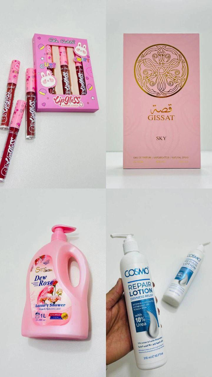 مجموعة من منتجات العناية الشخصية ومستحضرات التجميل ذات اللون الوردي. تشمل المنتجات الرئيسية ما يلي: 
ملمع شفاه "Colon Cantabi" أو "Color Castle": مجموعة "سويت كولور" (Sweet Color) من ملمع الشفاه معبأة في صندوق عليه رسم أرنب لطيف. تتوفر بدرجات ألوان مختلفة وتوفر لمعاناً زجاجياً.
لوشن "Cosmo Repair Lotion": لوشن علاجي للجسم لتخفيف الجفاف الشديد والخشونة. يحتوي على 10% يوريا لترطيب عميق ويساعد في علاج مشاكل مثل "جلد الوزة".
عطر "قصة": عطر إماراتي ) يأتي في زجاجة وردية وعلبة تحمل علامة "قصة" بالخط العربي. يتوفر بعدة روائح مختلفة.
غسول استحمام "Skin For You Dew Rose Luxury Shower": غسول جسم فاخر بحجم 1 لتر، غني بخلاصة الورد وحمض الهيالورونيك، ويتميز برائحة قوية وثبات عالي. 
@إشارة #الجميع #يوجد #توصيل #الكافه #المحافضات#العراق


**إذا كنت صاحب هذا الإعلان وتريد حذفه لأي سبب، رجاءا أرسل رسالة إلى الدعم الفني**