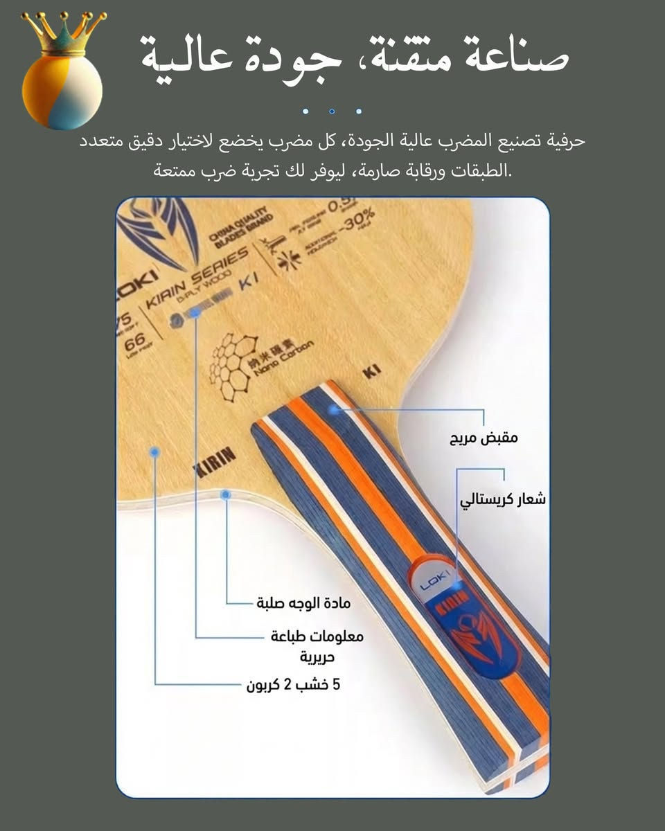 الدقة والقوة في سلاح واحد.. LOKI Kirin K1 🐲

إليك الخشبة التي تجمع بين سرعة الكربون ومرونة الخشب الطبيعي. بفضل هيكلها المكون من 5 طبقات خشب و2 طبقة من ألياف G-Fiber، تمنحك Kirin K1 الثبات الذي تحتاجه في الضربات السريعة والتحكم المثالي في الكرات القصيرة.

    التركيب: 5+2 G-Fiber.
    الأداء: سرعة عالية مع منطقة ضرب (Sweet Spot) واسعة.
    الشعور: مرونة ممتازة تساعد على زيادة الدوران (Spin).
المثالية للاعب الهجومي الذي لا يتنازل عن التحكم!
السعر 14,000 دينار
#LokiKirin #LokiTableTennis #KirinK1 #تنس_طاولة #معدات_تنس_طاولة #بينج_بونج #TableTennisBlade #PingPongEquipment


**إذا كنت صاحب هذا الإعلان وتريد حذفه لأي سبب، رجاءا أرسل رسالة إلى الدعم الفني**