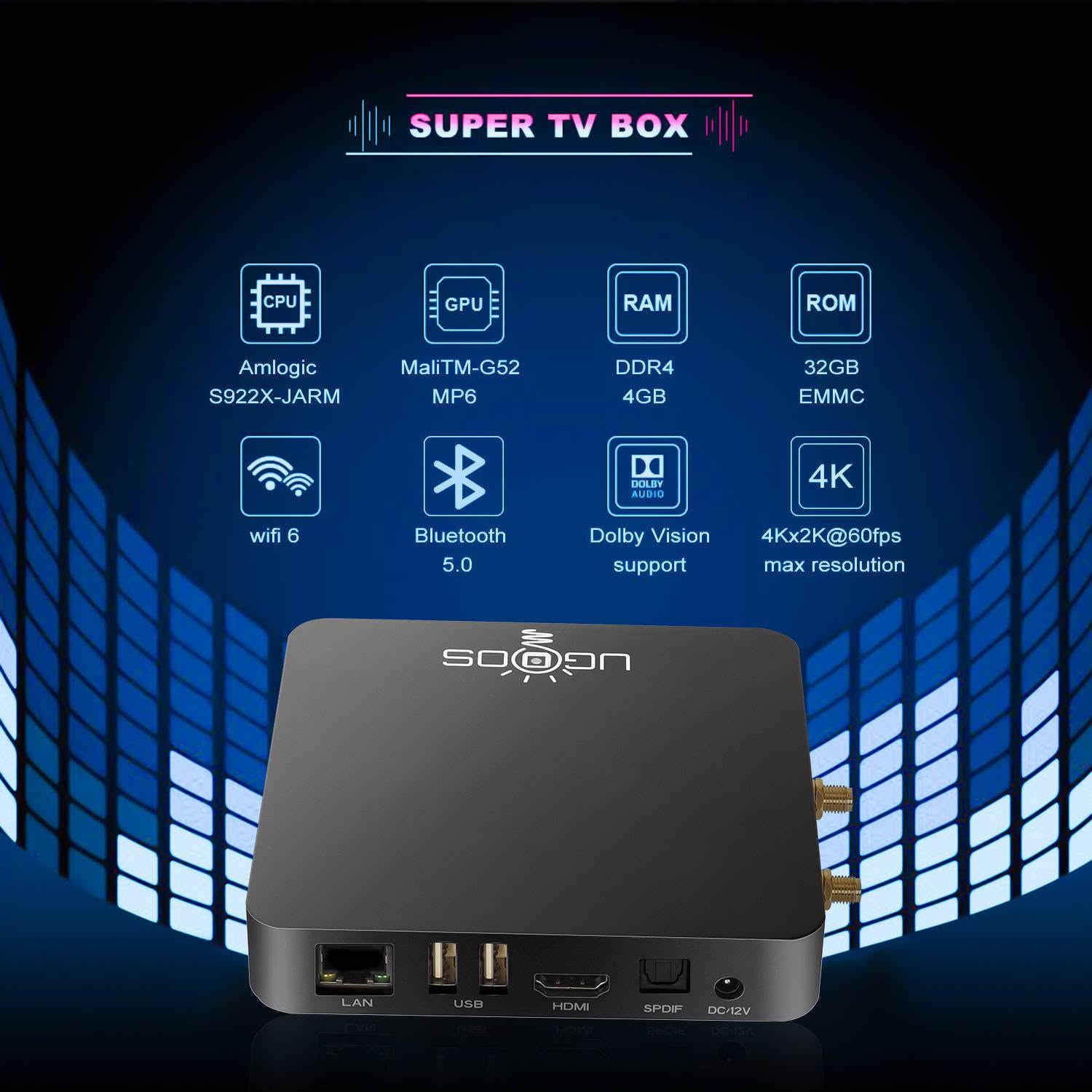 الجهاز  Ugoos AM6B Plus،  مشغل وسائط بنظام أندرويد.
يعمل بمعالج Amlogic S922X-J القوي ويدعم دقة 4K.

يحتوي عادةً على 4 جيجابايت رام و32 جيجابايت مساحة تخزين داخلية.

يتميز بدعم واي فاي 6 وشبكة إيثرنت بسرعة 1000 ميجابت/ثانية. [1, 2, 3, 4, 5, 6, 7]
 السعر ١٠٠ الف 
***********
