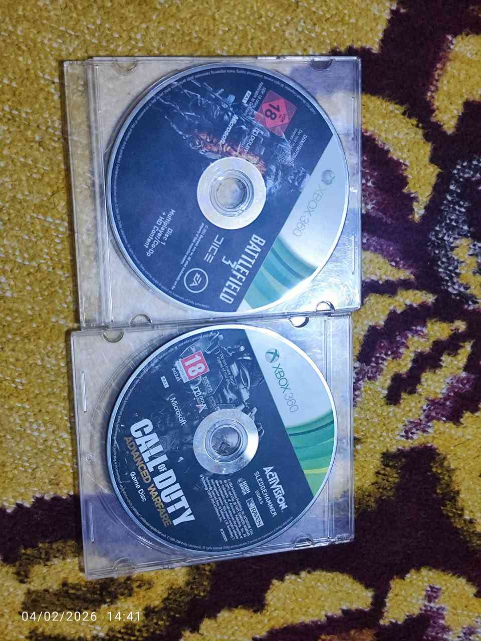 السلام عليكم 
اقراص اصليه بحالة جيده 
اقراص تعمل على Xbox 360 و الاجهزه جديده من اكس بوكس طبعاً 
 == Battle Field 3
== Call of duty advanced warfare 
سعر ٣٠ الف 
يتوفر توصيل كافة محافظات العراق


**إذا كنت صاحب هذا الإعلان وتريد حذفه لأي سبب، رجاءا أرسل رسالة إلى الدعم الفني**