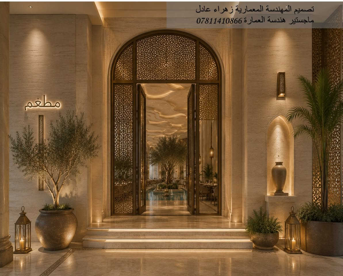 تصميم فندق فاخر مستوحى من العمارة العربية بروح معاصرة،
مستعدون لتصميم وتنفيذ مختلف المشاريع المعمارية السكنية ، الصحية ، والتجارية ... الخ 
"للاستفسار أو التعاون: 
 الاتصال على الرقم ***********
"نحن معكم في كل خطوة… من الفكرة إلى الواقع."
"Architectural Design & Supervision by
Eng. Zahraa Adel | المهندسة المعمارية زهراء عادل"
العنوان : محافظة الديوانية

