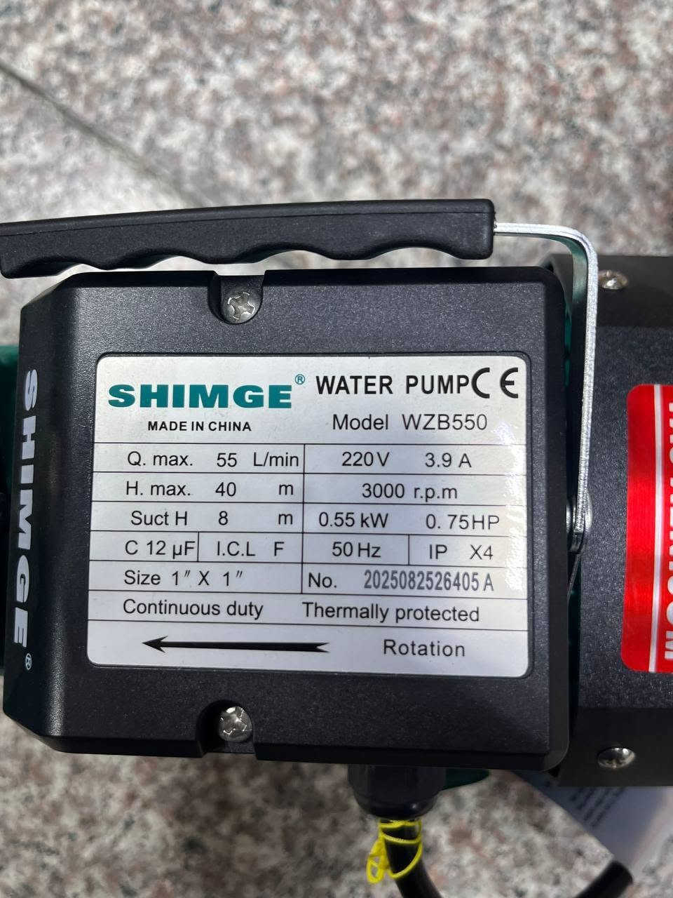 متوفر مضخه شمجي SHIMGE اصلي 
✅️عدد الاحصنه 0.75HP 
✅️الحجم 1 انج  
✅️الدفع 40متر
✅️السحب7متر  
✅️ملف نحاس 100%100
ومتوفر مضخات من نص حصان 🐎 إلى 20 حصان 
يوجد توصيل🚚 جميع محافظات العراق
 
{للطلب والاستفسار التواصل على الأرقام التالية}
واتساب ***********
            ***********
