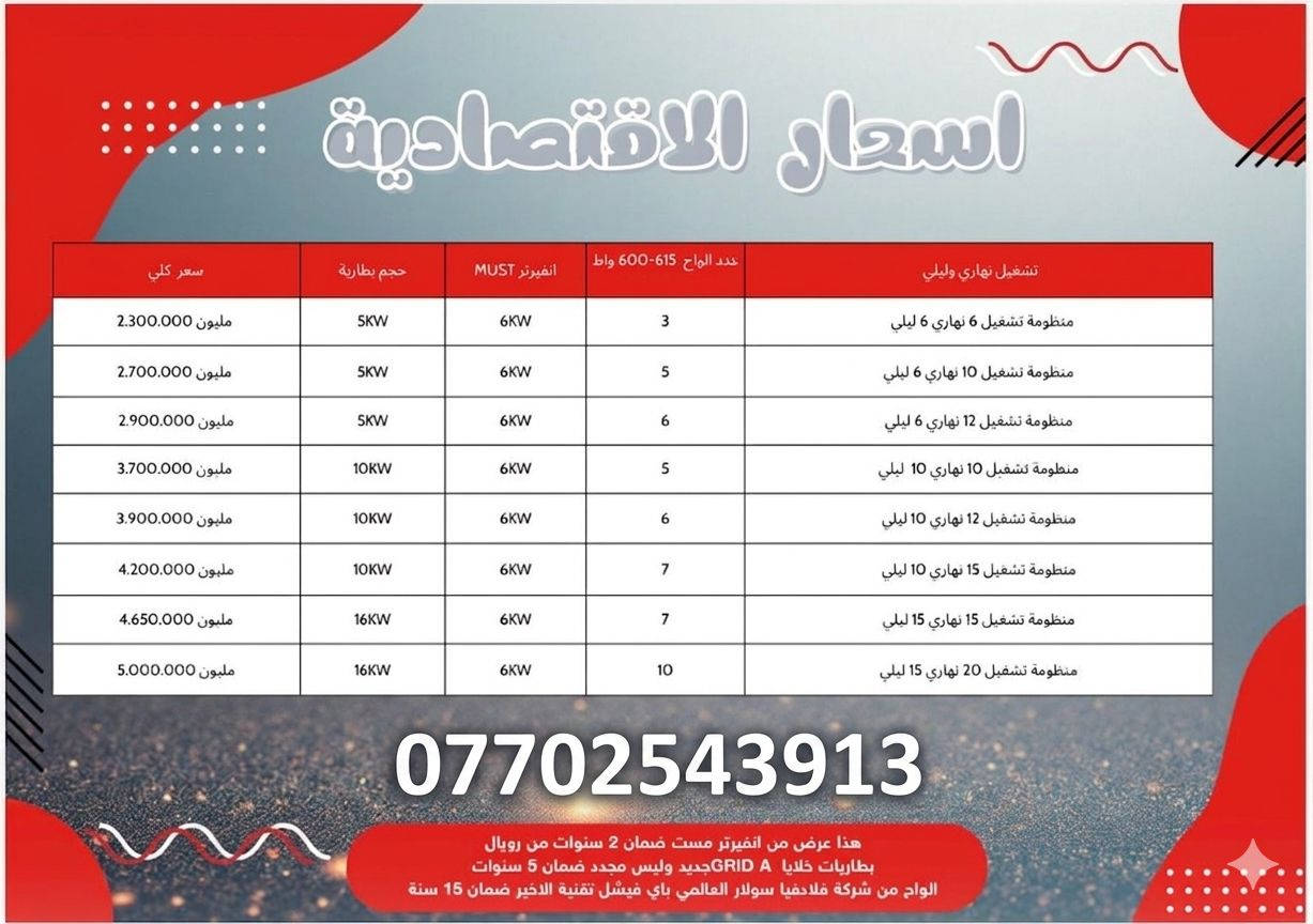 ☀️🔥 حرّ الصيف بالعراق ما يرحم... والكهرباء لازم تبقى شغالة! 🔥☀️
مع ارتفاع درجات الحرارة ودخول موسم الصيف، لا تخلي انقطاع الكهرباء يوقف راحتك أو يسببلك إزعاج داخل البيت أو المحل.
⚡ منظومات الطاقة الشمسية توفرلك: ✅ تشغيل مستمر خلال ساعات النهار
✅ تقليل كبير باستهلاك الكهرباء
✅ تشغيل المكيفات والأجهزة الأساسية بكفاءة
✅ بطاريات ليثيوم حديثة لخزن الطاقة
✅ مواد أصلية وضمان حقيقي
✅ صيانة ودعم فني مستمر
🏠 استمتع بصيف مريح بدون قلق من الانقطاع المتكرر للكهرباء، وخلي بيتك أو مشروعك يعتمد على طاقة نظيفة واقتصادية.
🌞 استثمر اليوم بالطاقة الشمسية... وراح تفرق وياك بكل يوم من أيام الصيف الحارة.
⏳ سارع بالحجز قبل زيادة الطلب خلال موسم الصيف. اختار العرض اللي يناسبك ضمان حقيقي و صيانه و استبدل طول مدة الضمان 
#الطاقة_الشمسية #صيف_العراق #بدون_انقطاع #طاقة_نظيفة #توفير_واستقرار #منظومات_شمسية #العراق ☀️🔋


**إذا كنت صاحب هذا الإعلان وتريد حذفه لأي سبب، رجاءا أرسل رسالة إلى الدعم الفني**