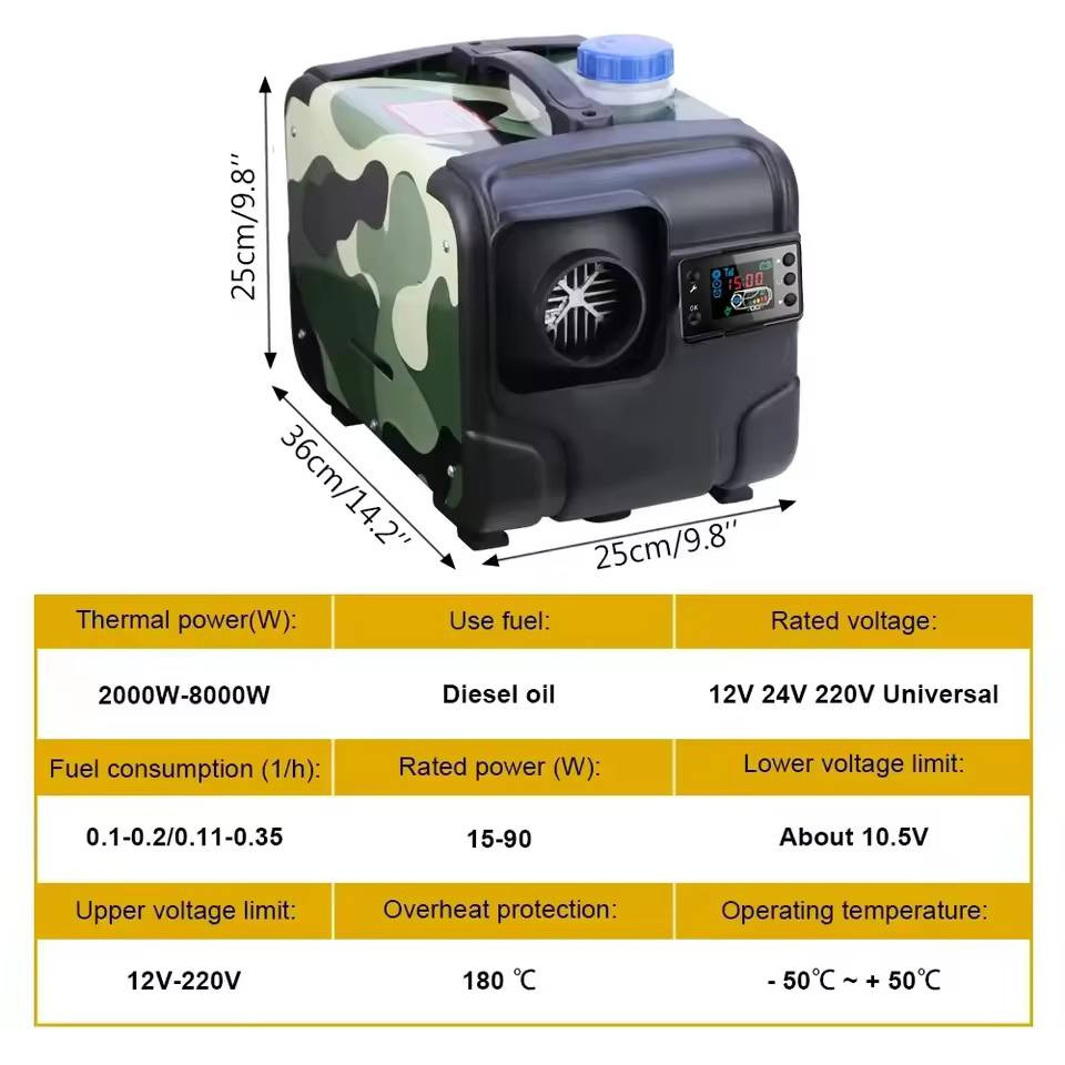 هذا المنتج هو سخان ديزل محمول يعمل بنضام الديزل او الكهرباء ٢٢٠ فولت او يعمل ع جداحه السياره ال ١٢ فولت  (All-in-One Diesel Heater) من نوع OnTrack Outdoor، وهو مصمم لتوفير التدفئة الكرفانات، أو الخيام..

الطاقة: يعمل بقدرة تصل إلى 5 كيلوواط.

التحكم: يأتي مع شاشة LCD وجهاز تحكم عن بعد للتحكم في درجة الحرارة.

استهلاك الوقود: موفر للطاقة، يستهلك ما بين 0.2 إلى 0.5 لتر من الديزل في الساعة.

التركيب: يتميز بتصميم مدمج (Slimline) يسهل تركيبه واستخدامه
سعر ١٠٠


**إذا كنت صاحب هذا الإعلان وتريد حذفه لأي سبب، رجاءا أرسل رسالة إلى الدعم الفني**