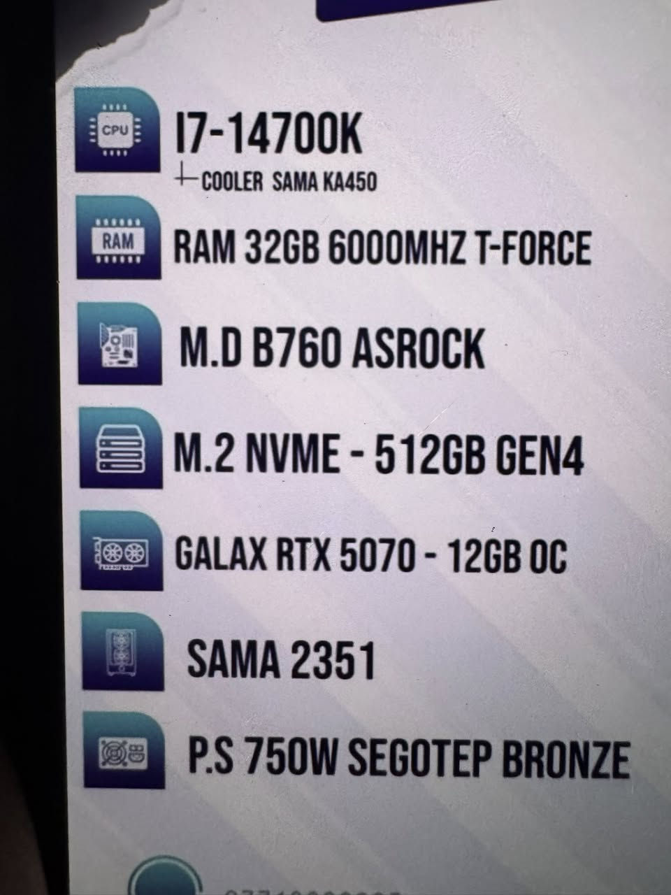السلام عليكم عندي هاي pc اريد ابيعها البيسي نضيفه كلش وصار سنة من اخذته واداء ما اسولف تشغلك كل الالعاب الحديثه والنازله والي راح تنزل منا 5 سنين كلها تشغلها بافضل اداء (مكاني بغداد) وتفاصيل اكثر والسعر خاص رقم ***********

المواصفات: 
المعالج I7-14700k
رامات 32GB 6000MHZ 
M.D B760 ASROCK 
M.2 NVME-512GB GEN4 
كارت الشاشة GALAX RTX 5070 -12GB OC 

الكيس SAMA 2351 
P.S 750W SEGOTEP BRONZE
