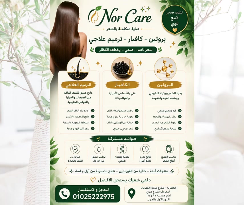 ✨ شعرك محتاج علاج حقيقي؟
دلوقتي مع Nor Care رجّعي نعومة ولمعان وصحة شعرك من أول جلسة 💚✨

💇‍♀️ بروتين – كافيار – ترميم علاجي
أقوى جلسات العناية بالشعر التالف والهايش والمتقصف بأحدث المنتجات الآمنة ونتائج تفرق من أول مرة 😍

✨ البروتين
✔️ يقلل الهيشان والتقصف
✔️ يمنح الشعر نعومة ولمعان
✔️ يقوي الشعر من الجذور

✨ الكافيار
✔️ ترطيب عميق وتغذية قوية
✔️ لمعان ونعومة حريرية
✔️ حماية للشعر من التلف

✨ الترميم العلاجي
✔️ علاج الشعر التالف والمحروق
✔️ إعادة بناء ألياف الشعر
✔️ استعادة الحيوية والمرونة

💚 منتجات آمنة وخالية من الفورمالين
💚 مناسب لجميع أنواع الشعر
💚 على إيد متخصصين فى العناية بالشعر

📍 العنوان:
العامرية - شارع شركة الكهرباء المعروف بشارع كنزي
أمام صيدلية د / ولاء - الدور الأول بالمول

📞 للحجز والاستفسار: 01025222975

✨ احجزي دلوقتي وخلي شعرك يرجع ناعم وصحي ولامع مع Nor Care ✨


**إذا كنت صاحب هذا الإعلان وتريد حذفه لأي سبب، رجاءا أرسل رسالة إلى الدعم الفني**