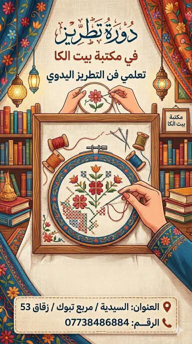 دورات الرسم والخط والموسيقى والتطريز وتعليم اللغات /انكليزي/تركي
السيدية/مربع تبوك/زقاق٥٣
***********
