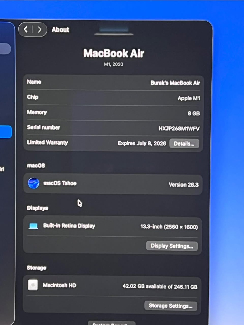 MacBook Air M1, 2020
الجهاز نظيف كما موضح 
نسخة شرق اوسط بعده داخل الضمان وياه كامل الملحقات (الشاحن و الكارتونة) 
الرام ٨ والتخزين ٢٥٦ كما مذكور في الصور ادناه 
رايده ب٧٥٠ الف 
مكاني بغداد العامرية
متواجد على الماسنجر


**إذا كنت صاحب هذا الإعلان وتريد حذفه لأي سبب، رجاءا أرسل رسالة إلى الدعم الفني**