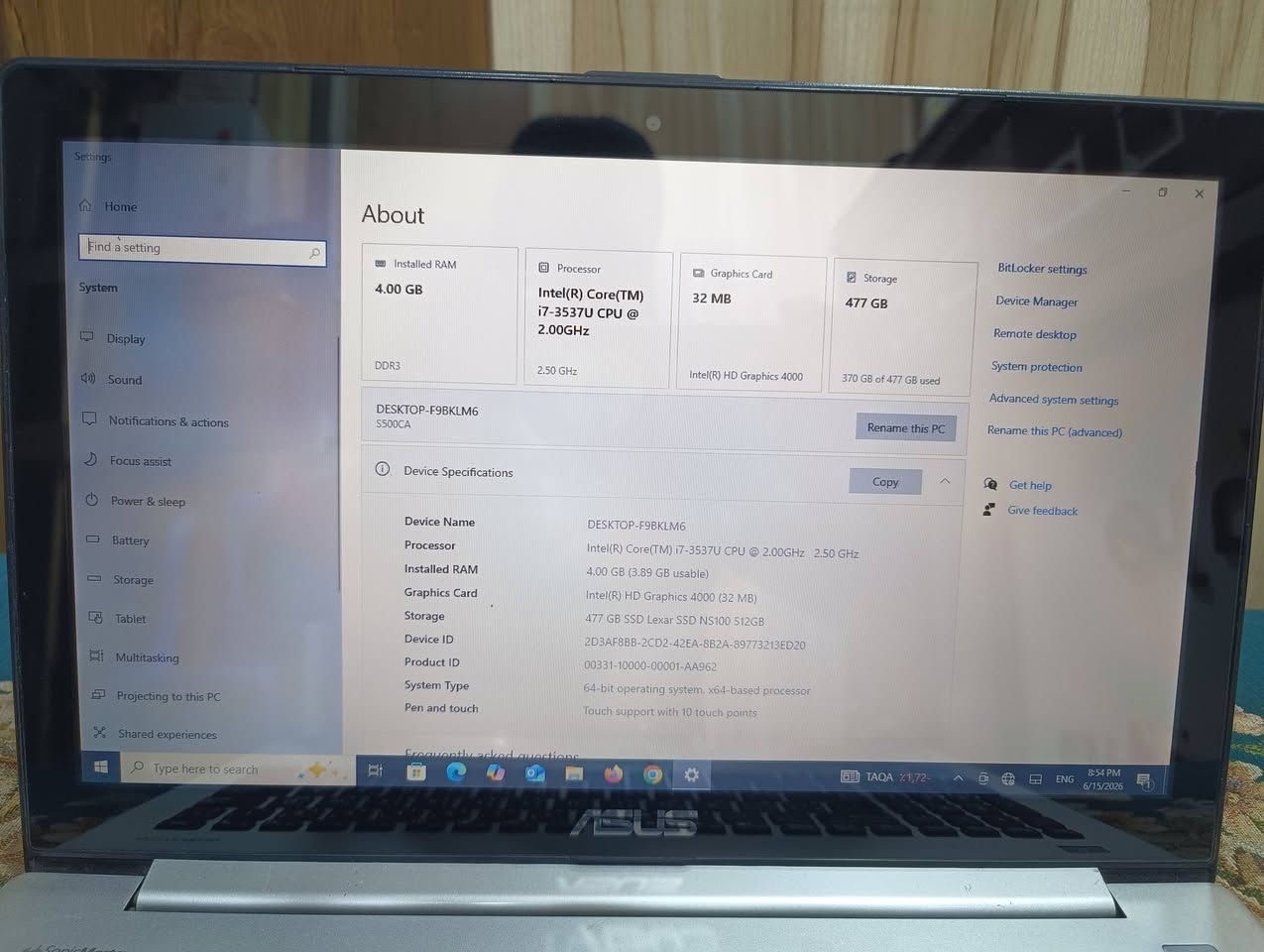 السلام عليكم 
لابتوب ASUS بحالة ممتازة ومواصفات جيدة للاستخدام اليومي والدراسة 
المعالج Intel Core i7-3537U 2.50 GHz)
الذاكرة (RAM): 4 جيجابايت 
حجم الشاشه 15.6 تدعم اللمس
الهارد  SSD بسعة 512 جيجابايت
***********
