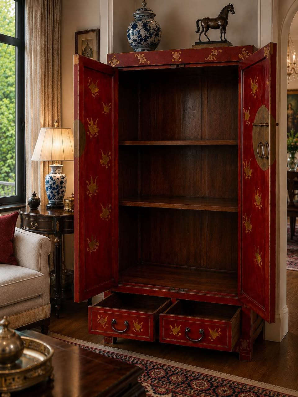 Antique Chinoiserie Red Lacquer Cabinet with hand-painted gilt decoration and aged brass hardware. A timeless statement piece for luxury interiors and antique collections.

Dimensions: H 175 × W 106 × D 55 cm.

For more info please send to me in private messages القاهرة, مصر


**إذا كنت صاحب هذا الإعلان وتريد حذفه لأي سبب، رجاءا أرسل رسالة إلى الدعم الفني**