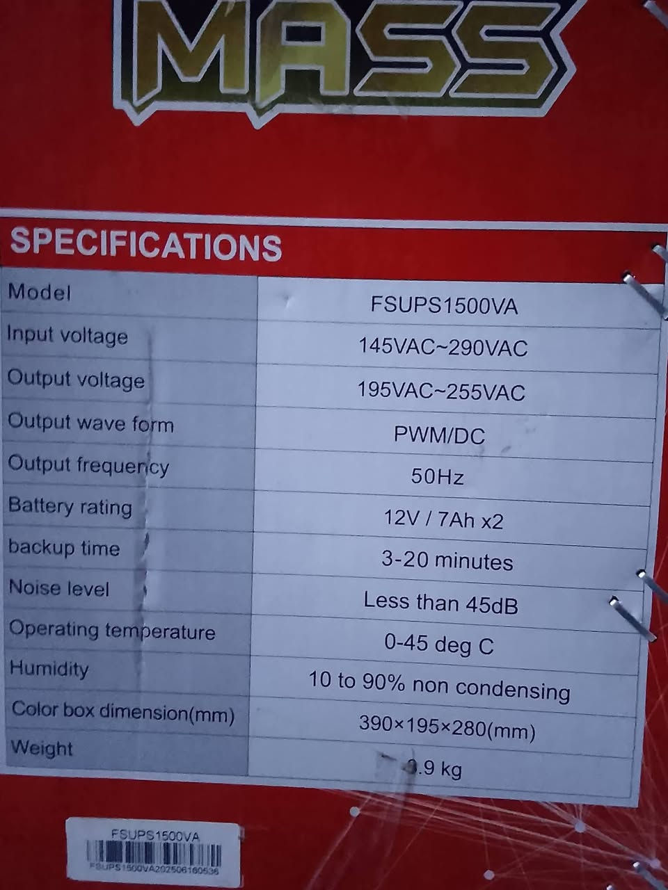 يوبي اس ماس
ups  ماس
1500va 
استعمال سبوع بعده جديد نضيف مابي ايشي السبب جان عندي بلي و بعته 
السعر 55 الف قفل

ما عندي توصيل
مكاني بغداد-العطيفيه-شارع الدامرجي


**إذا كنت صاحب هذا الإعلان وتريد حذفه لأي سبب، رجاءا أرسل رسالة إلى الدعم الفني**