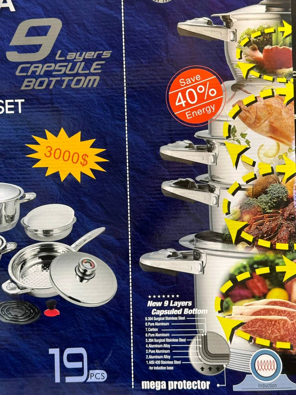✨ سيت قدور Lone Flight Royal الأصلي – 19 قطعة 
اختيارك المثالي للمطبخ العصري 👌 جودة عالية جدا تدوم سنين
🔹 المواصفات:
ستانلس ستيل أصلي 18/10 مقاوم للصدأ
قاعدة 9 طبقات (Capsuled Bottom) لتوزيع حرارة متوازن
يوفر حرارة ويقلل استهلاك الطاقة 🔥
مناسب لجميع أنواع الطباخات: غاز، كهرباء،
أغطية محكمة وتحتوي على مقياس حرارة 🔥
تصميم فاخر عملي للاستخدام اليومي
🔹 محتويات السيت (19 قطعة):
قدر كبير + غطاء (24 سم)
قدر وسط + غطاء (22 سم)
قدر متوسط + غطاء (20 سم)
قدر صغير + غطاء (18 سم)
مقلاة عميقة + غطاء
مقلاة عادية
قدر تبخير / سلق + غطاء زجاج
سلة قلي (شبك)
قواعد حرارية وإكسسوارات
🔹 المميزات: ✅ تسخين سريع ومتوازن
✅ ما يغيّر طعم الأكل
✅ سهل التنظيف
✅ عمر طويل وجودة عالية
✅ مناسب للعوائل والاستخدام الثقيل