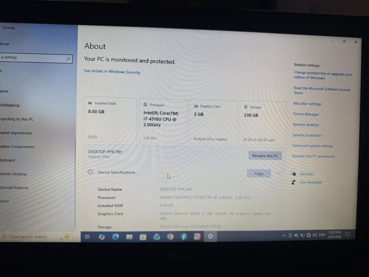 deel CPU: i7-4510U (جيل رابع )
RAM: 8GB

 • GPU: NVIDIA GeForce 840M 2GB

 • Storage: SSD 256GB

 • 64-bit

هاي المواصفات :

 • مناسبة للدراسة، أوفيس، تصفح، أوتوكاد فوتوشوب برامج تصميم 

 • تدعم تشغيل الالعاب
استعمال اقل الشهر نظيفة كلش وبطارية فول والحاسبة مكفولة من التصليح او الفتح تفحصهة 
السعر 400 الف 

الاستفسار خاص او واتس اب ***********•
