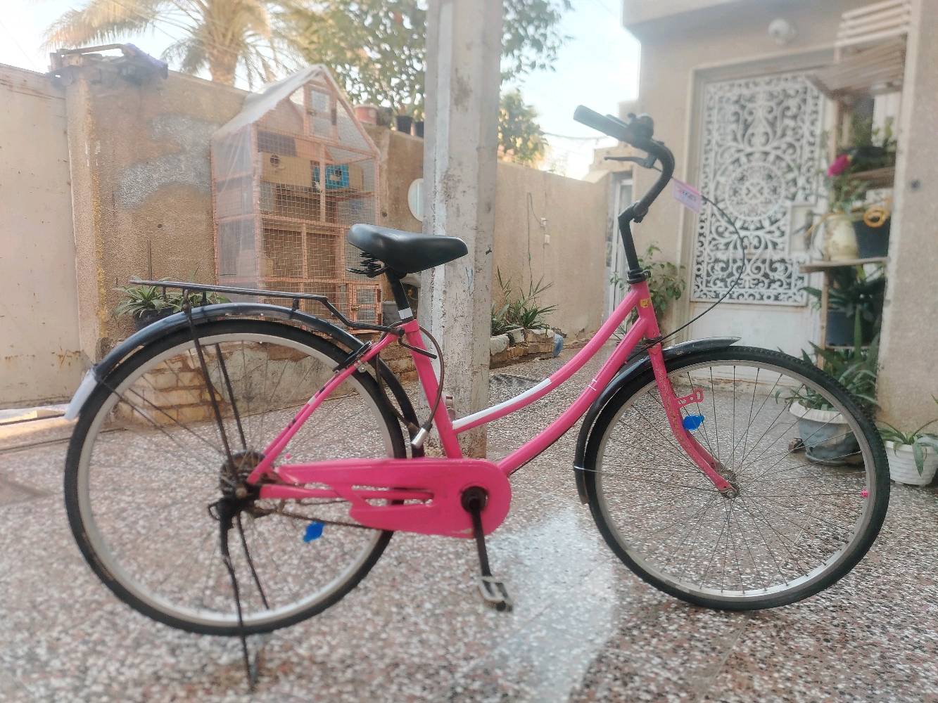 بايسكل وردي جميل بحالة جيدة مع جرس، مثالي للنزهات والتجول في المدينة. يتميز بهيكل متين وكرسي مريح.