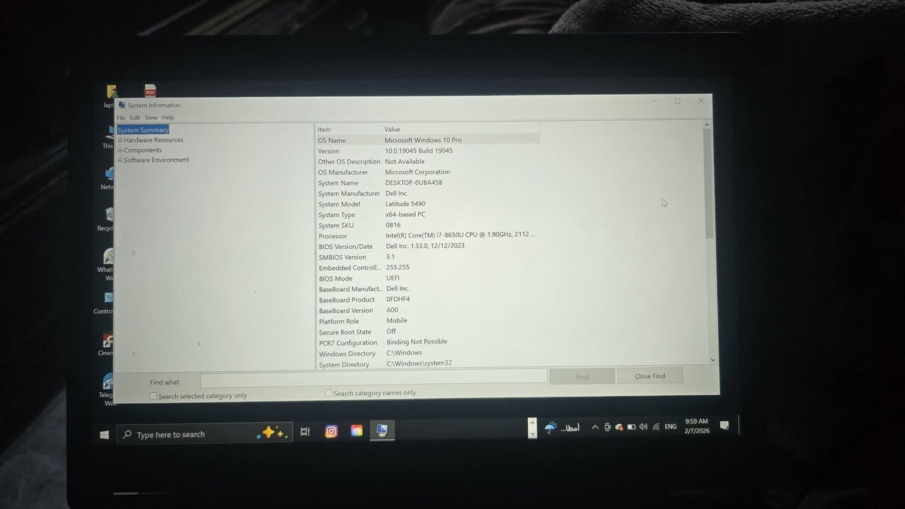 سلام عليكم لابتوب ​نوع الجهاز: Dell Latitude 5490).)
المعالج (CPU): Intel Core i7-8650U 1.90GHz 
​الذاكرة العشوائية (RAM): سعة 8 جيجابايت (Installed Physical Memory).
​نظام التشغيل: Windows 10 Pro (نسخة 64-بت).

.
​نظام الـ BIOS: إصدار 1.33.0 بتاريخ 12/12/2023 
​وضع الـ BIOS: يعمل بنظام UEFI (النظام الحديث). 
.السعر المطلوب (275) وبيها مجال بسيط مكاني بغداد سبع ابكار 
رقم هاتف ***********
