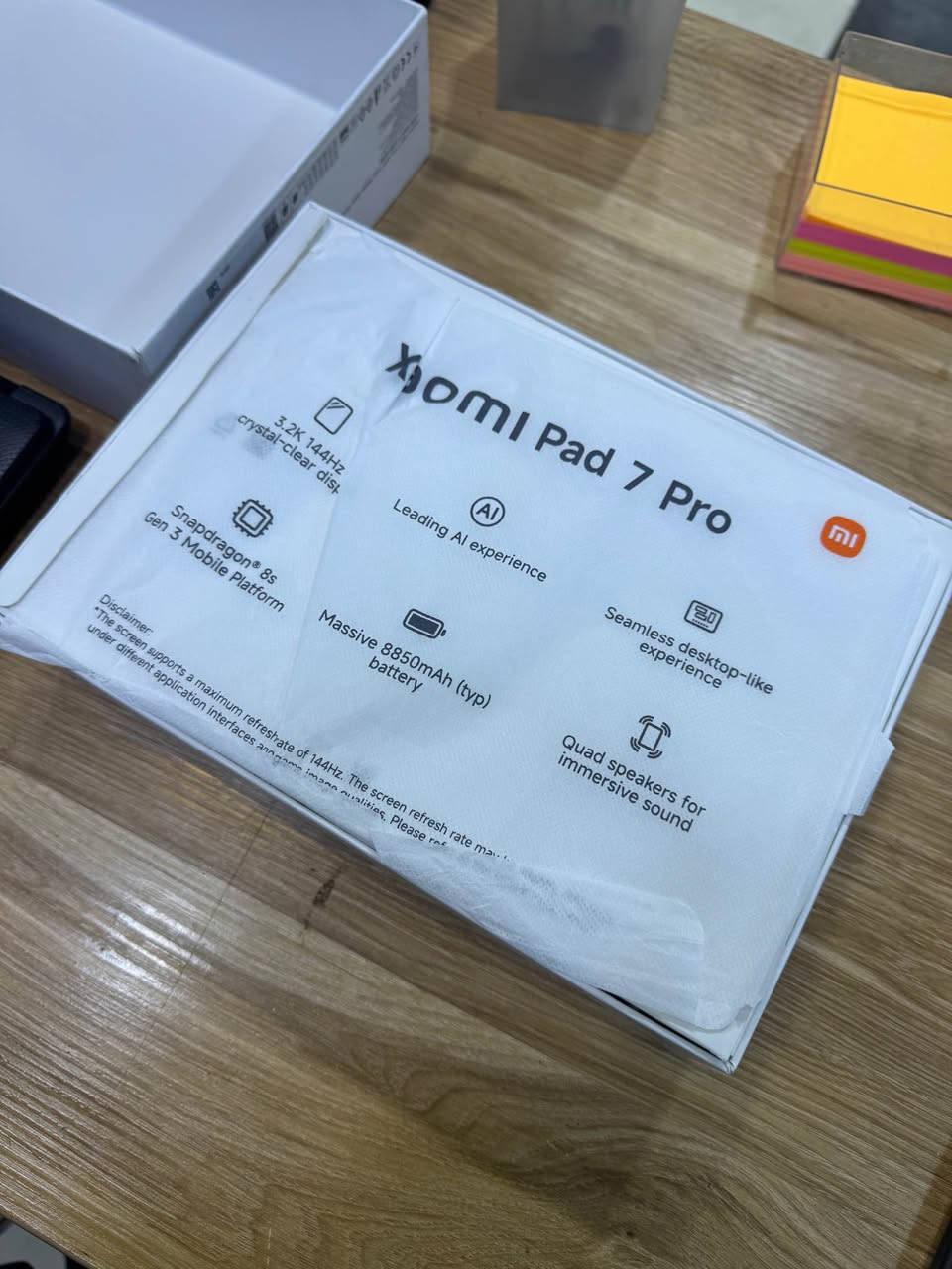 شاومي باد 7 برو 
معالج سناب دراجون 8s جين 3 
ذاكرة 512 
رام 12 + 12 
شاشة حجم 11 بدقة 3.2k و 144 هرتز 
بطارية 8850 mAh 
يدعم الذكاء الاصطناعي 
نظافه 95 %
      
        بسعر 550 الف 
        ———————————————
مكتب ثائر للحاسبات 
الجمهورة - شارع المكاتب - قرب حسينية محمد الباقر . 
*********** البصرة, العراق
