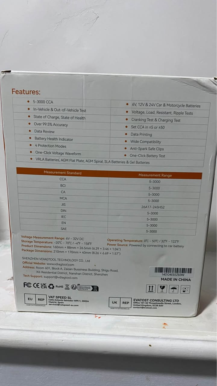 Car Battery Tester 6V 12V 24V VDIAGTOOL BT500, 5-3000 CCA Battery Load Tester, Starter Alternator Tester Automotive Charging Cranking System Analyzer for Car Truck Motorcycle SUV ATV Boat
جهازئ فحصا پاتريا آش ٦ فولت حه تا ٢٤ شاشه ملون فول فوله اوروپي بو حه مي جورئ ت پاتريا ج سياره بت قه لابه بت ماتور بت سعر ٣٠ هزار مواصفات او معلومات⬇️⬇️

https://www.ebay.com/itm/356222746955 دهوك, العراق


**إذا كنت صاحب هذا الإعلان وتريد حذفه لأي سبب، رجاءا أرسل رسالة إلى الدعم الفني**