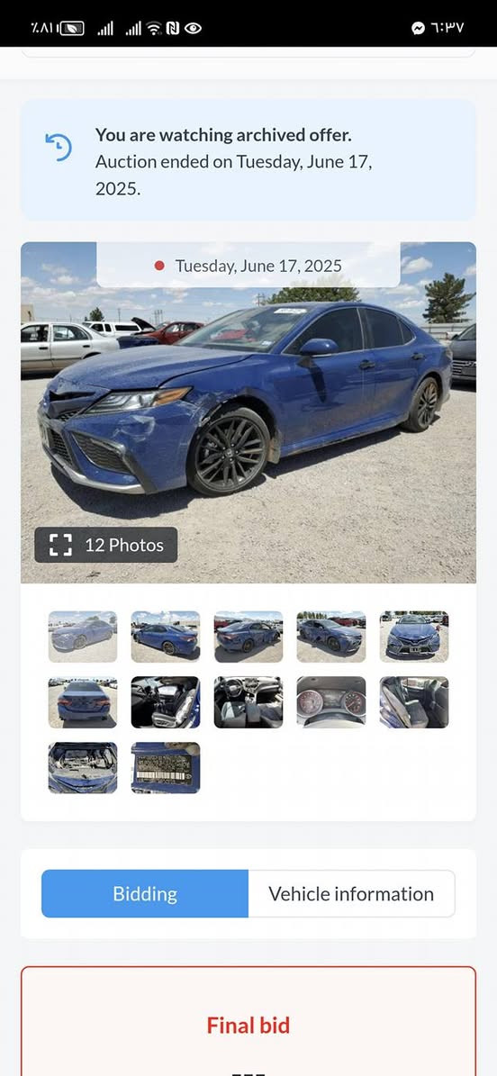 Toyota Camry 2024
 تويوتا كامري XSE

كاتي تترقم شمالي 

مواصفات XSE فوول عدا فتحة
بصمة
كيج الكتروني
شحن وايرليس
كراسي جلد و كهرباء 
 شاشه حجم كبير
 .كامرات 360درجه
. لايت LED امامي خلفي +زنون 
. حساس امامي خلفي 
.  رادار امامي
٠  تحديد مسار
٠ رادار جانبي 
تحكمات ستيرن
 بعد اهواية مواصفات 
ماشية 12200

حادث :-
بابين طرف سكن مبدل بلادي و مصبوغ
جامرلغ امامي طرف سائق شبر بارد

عنوا🚘 كركوك 

***********
***********

رقم شاصي موجود
4T1K61AK0RU201430

السعر = 185 بيها مجال بسيط كركوك, العراق
